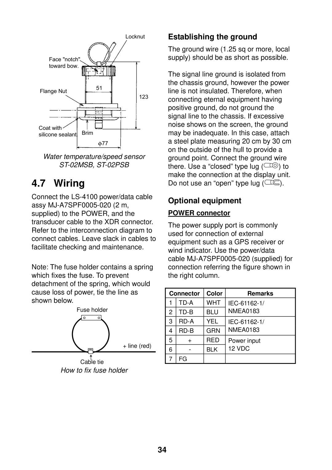 Furuno Ls4100 manual Establishing the ground, Optional equipment, Power connector 