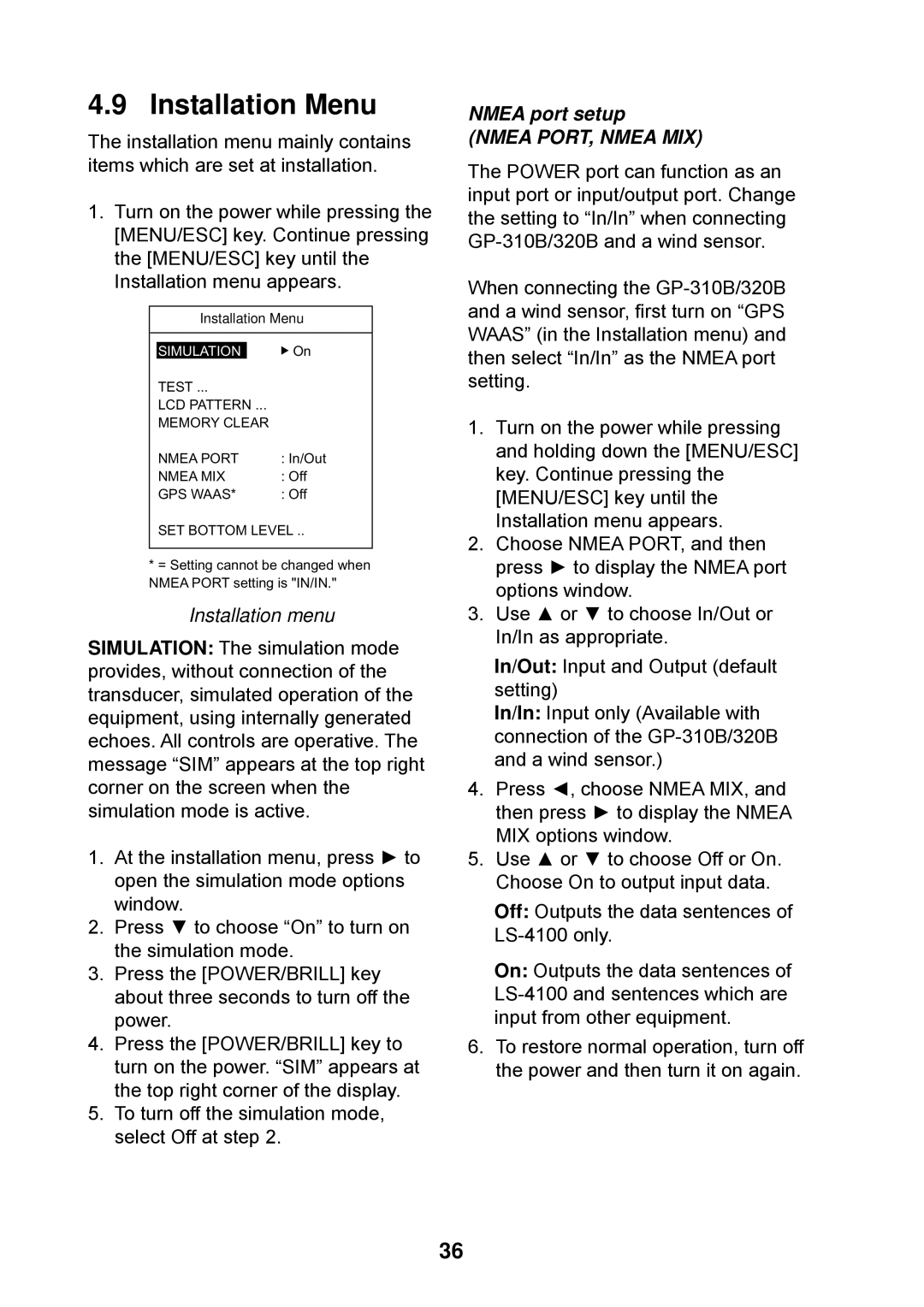 Furuno Ls4100 manual Installation Menu, Nmea PORT, Nmea MIX 