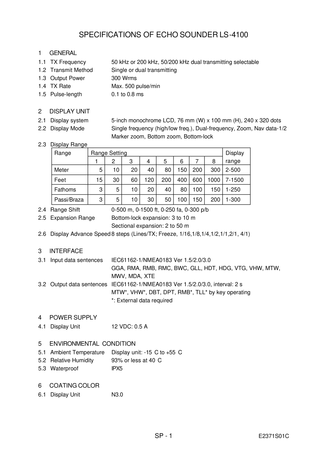 Furuno Ls4100 manual Specifications of Echo Sounder LS-4100 