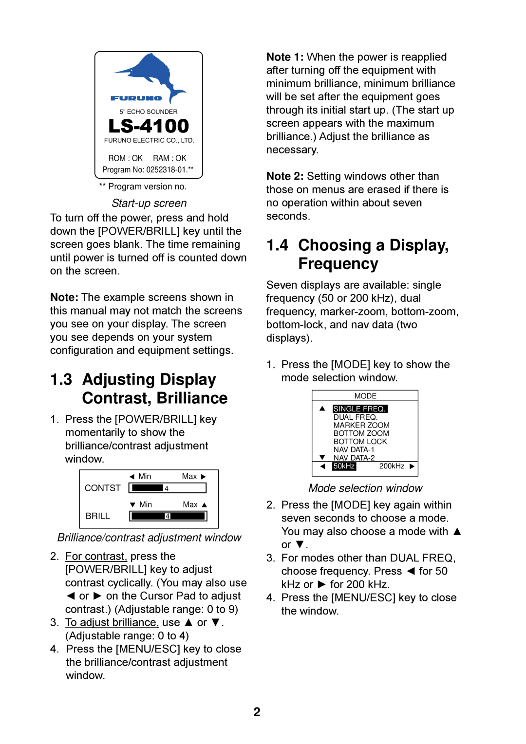 Furuno Ls4100 manual Adjusting Display Contrast, Brilliance, Choosing a Display, Frequency, Start-up screen 