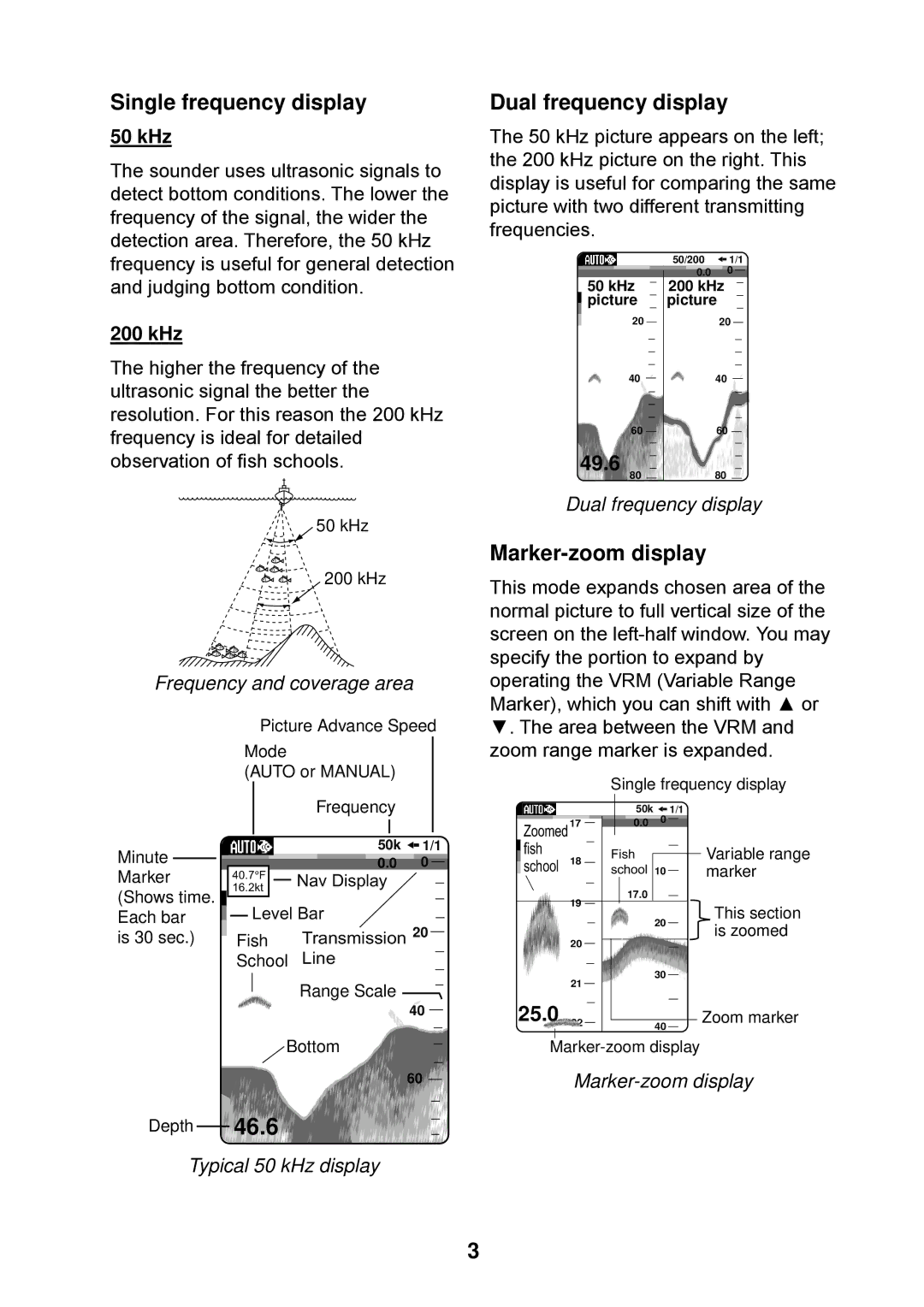 Furuno Ls4100 manual Single frequency display, Dual frequency display, Marker-zoom display, 50 kHz, 200 kHz 