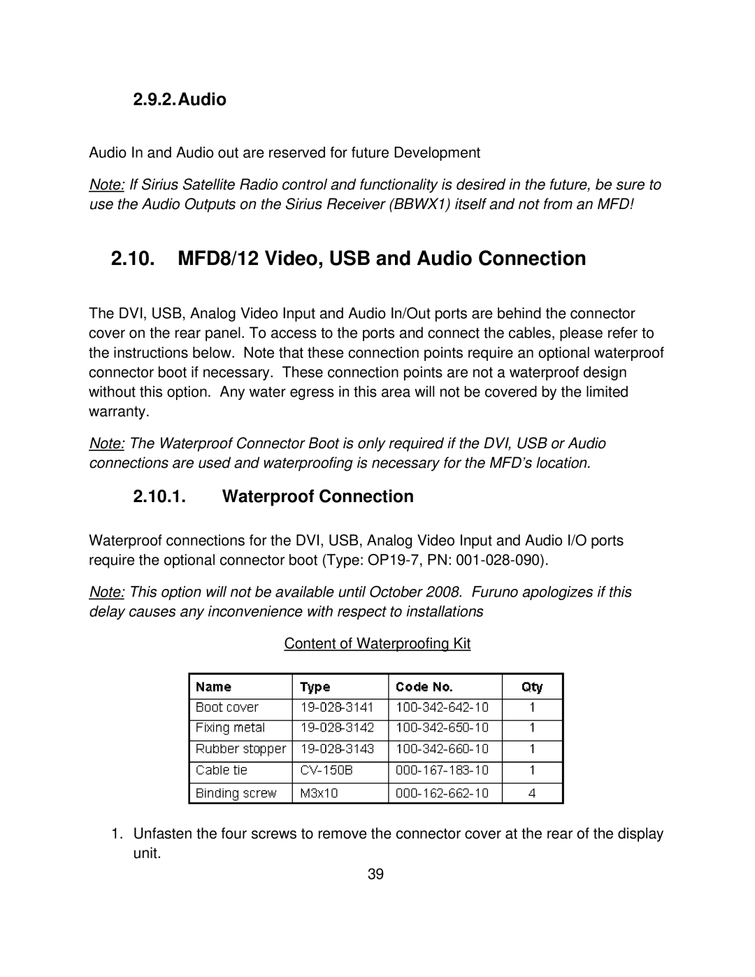 Furuno MFD8/12/BB manual MFD8/12 Video, USB and Audio Connection, Waterproof Connection 