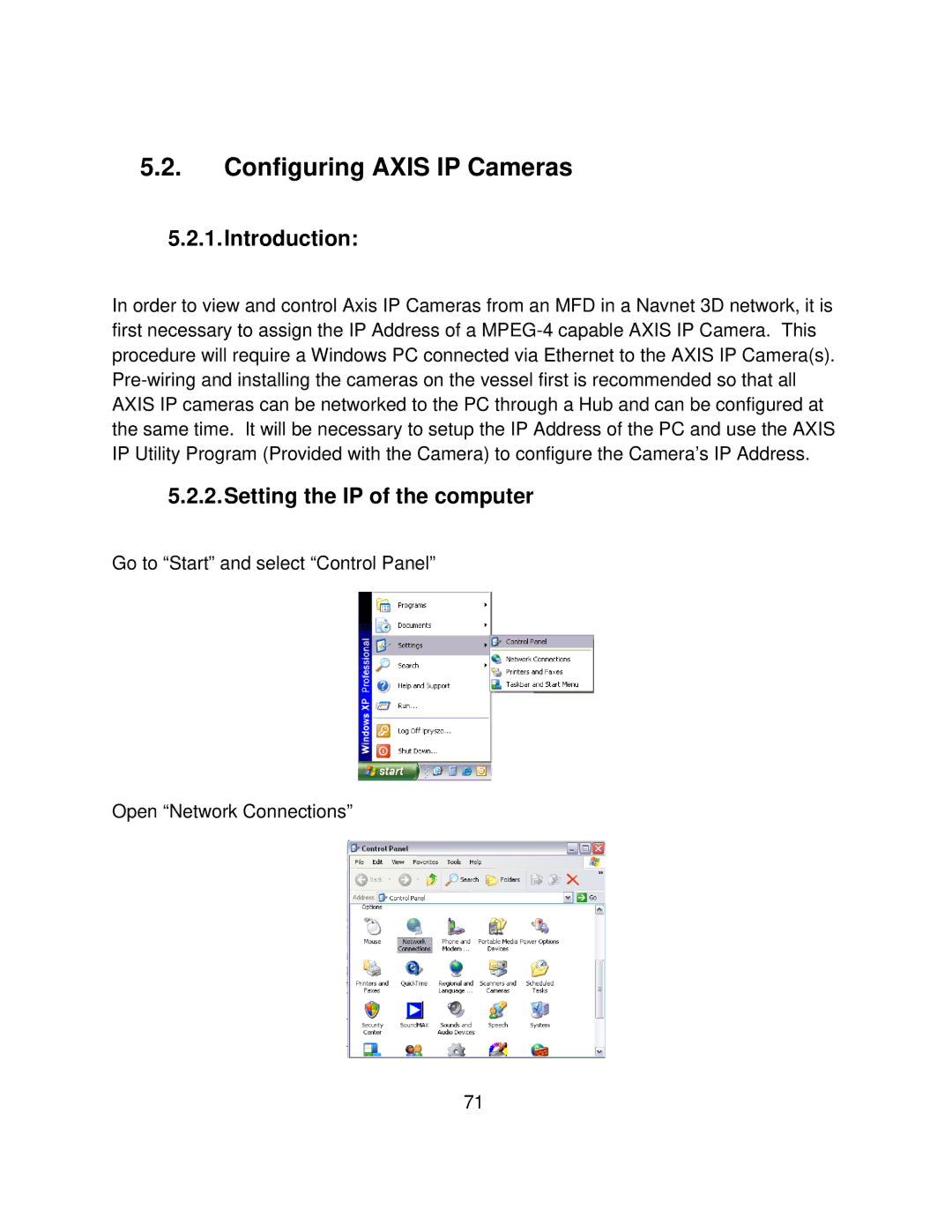 Furuno MFD8/12/BB manual Configuring Axis IP Cameras, Setting the IP of the computer 