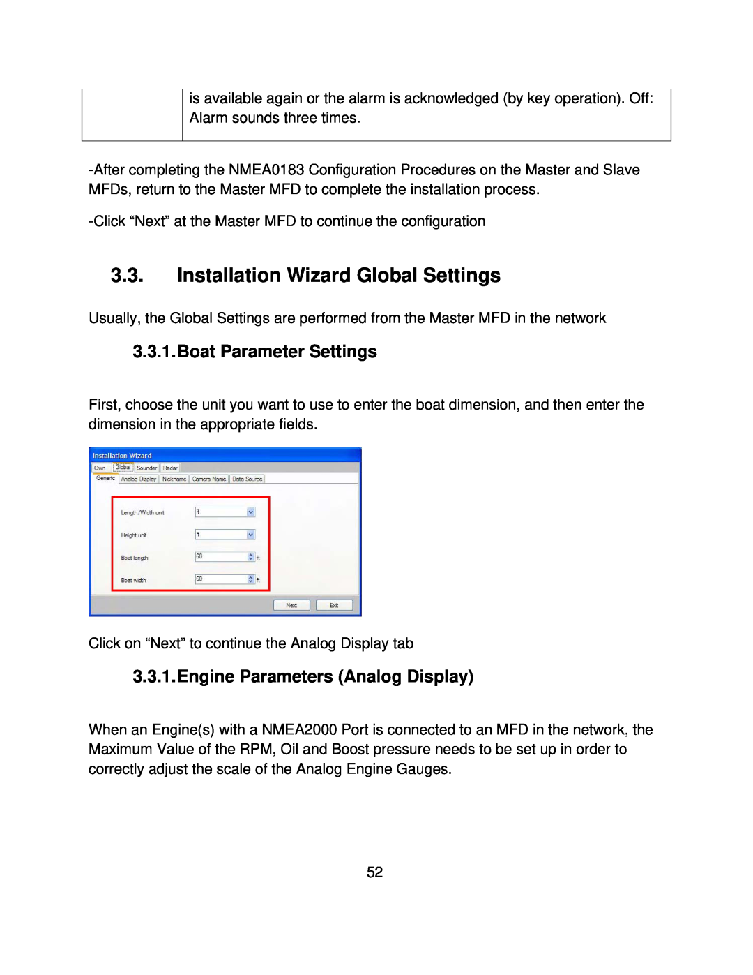 Furuno MFD8/12/BB manual Installation Wizard Global Settings, Boat Parameter Settings, Engine Parameters Analog Display 