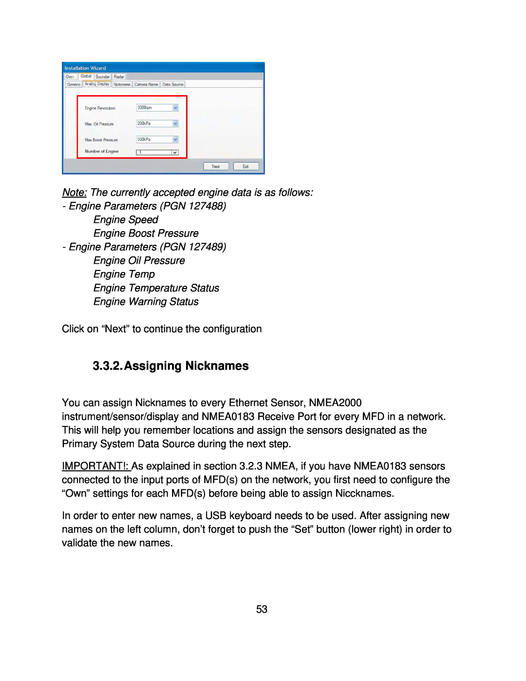 Furuno MFD8/12/BB manual Assigning Nicknames, Engine Parameters PGN 127488 Engine Speed, Engine Boost Pressure 