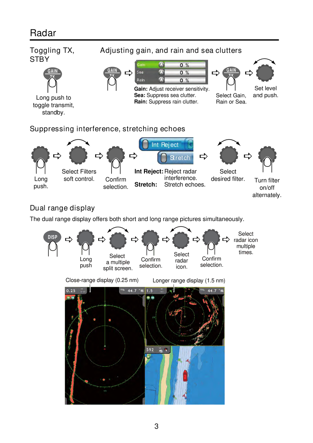 Furuno MFD8, MFDBB manual Radar, Toggling TX, Suppressing interference, stretching echoes, Dual range display 