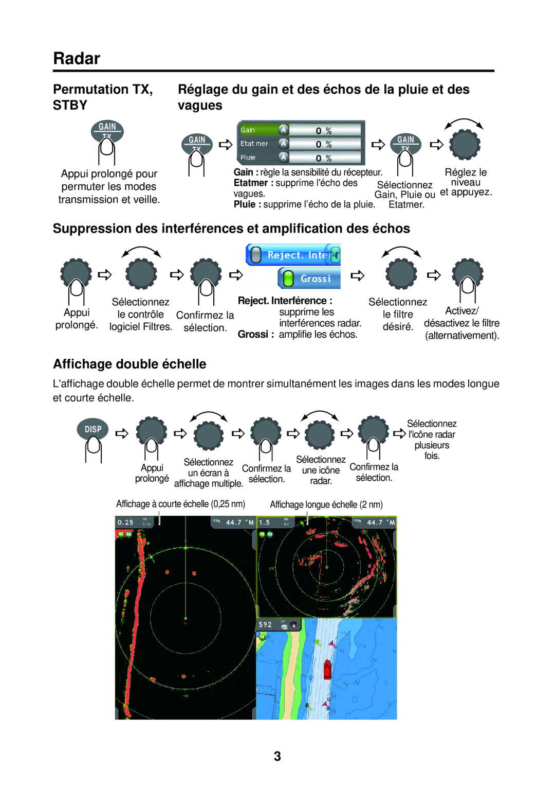 Furuno MFD8, MFDBB manual Permutation TX, Réglage du gain et des échos de la pluie et des vagues, Affichage double échelle 