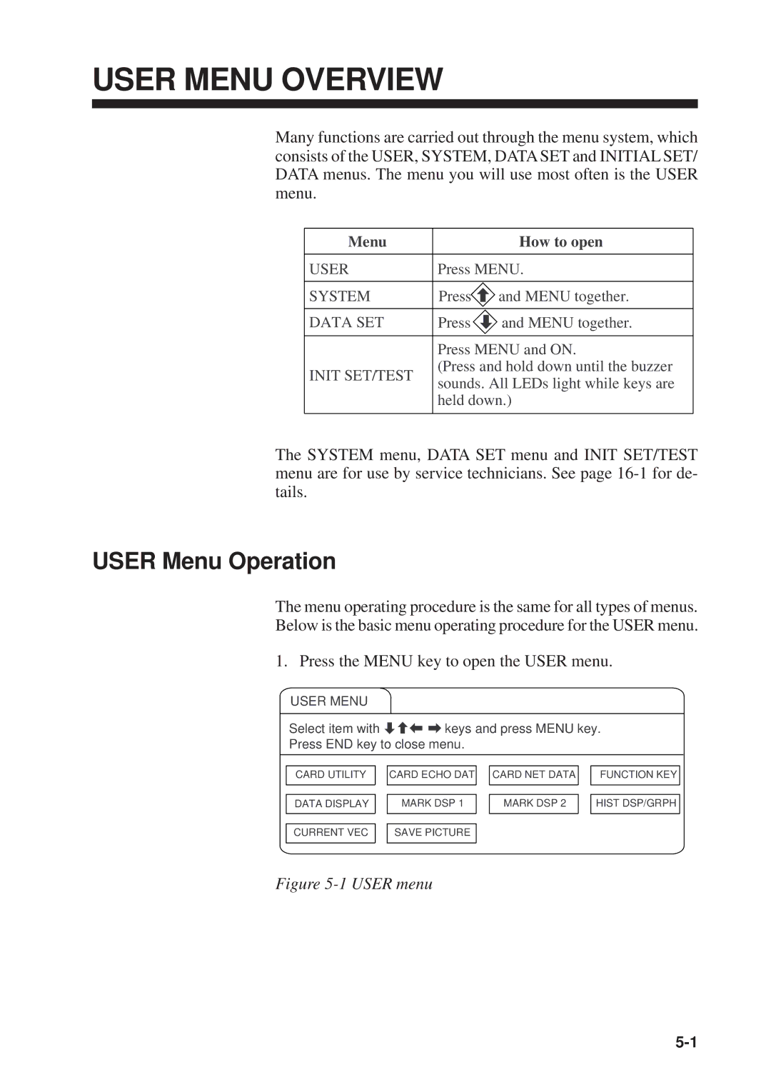 Furuno MODEL CSH-73 manual User Menu Overview, User Menu Operation, Menu How to open 