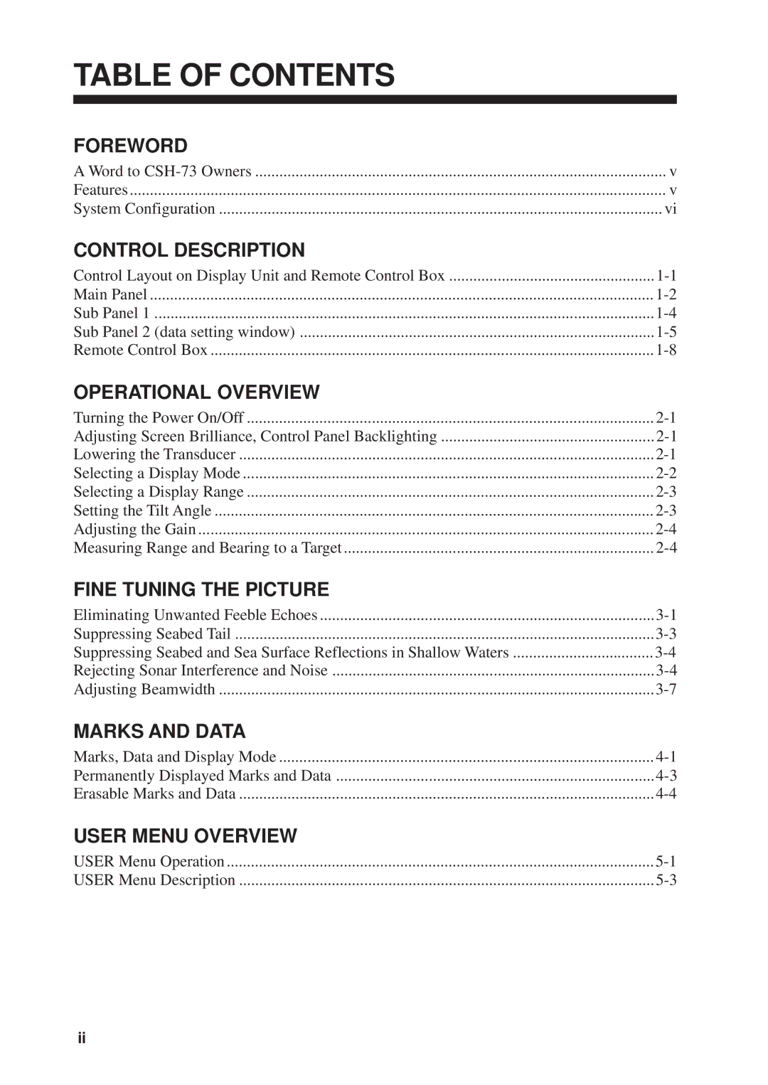 Furuno MODEL CSH-73 manual Table of Contents 