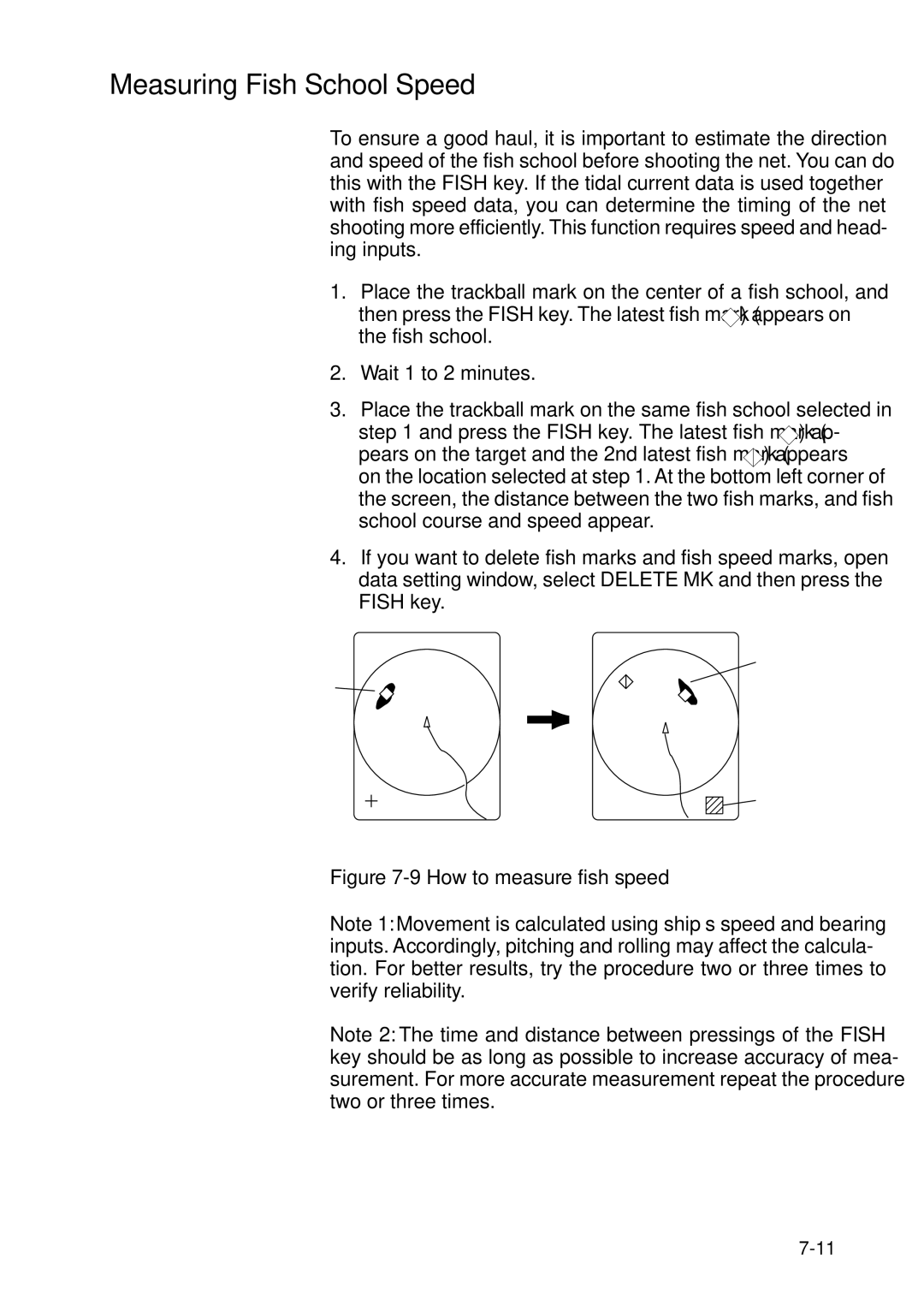 Furuno MODEL CSH-73 manual Measuring Fish School Speed, How to measure fish speed 