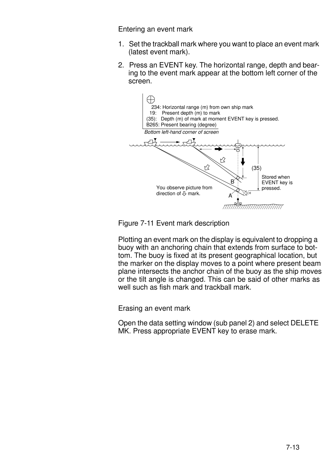 Furuno MODEL CSH-73 manual Entering an event mark, Erasing an event mark 