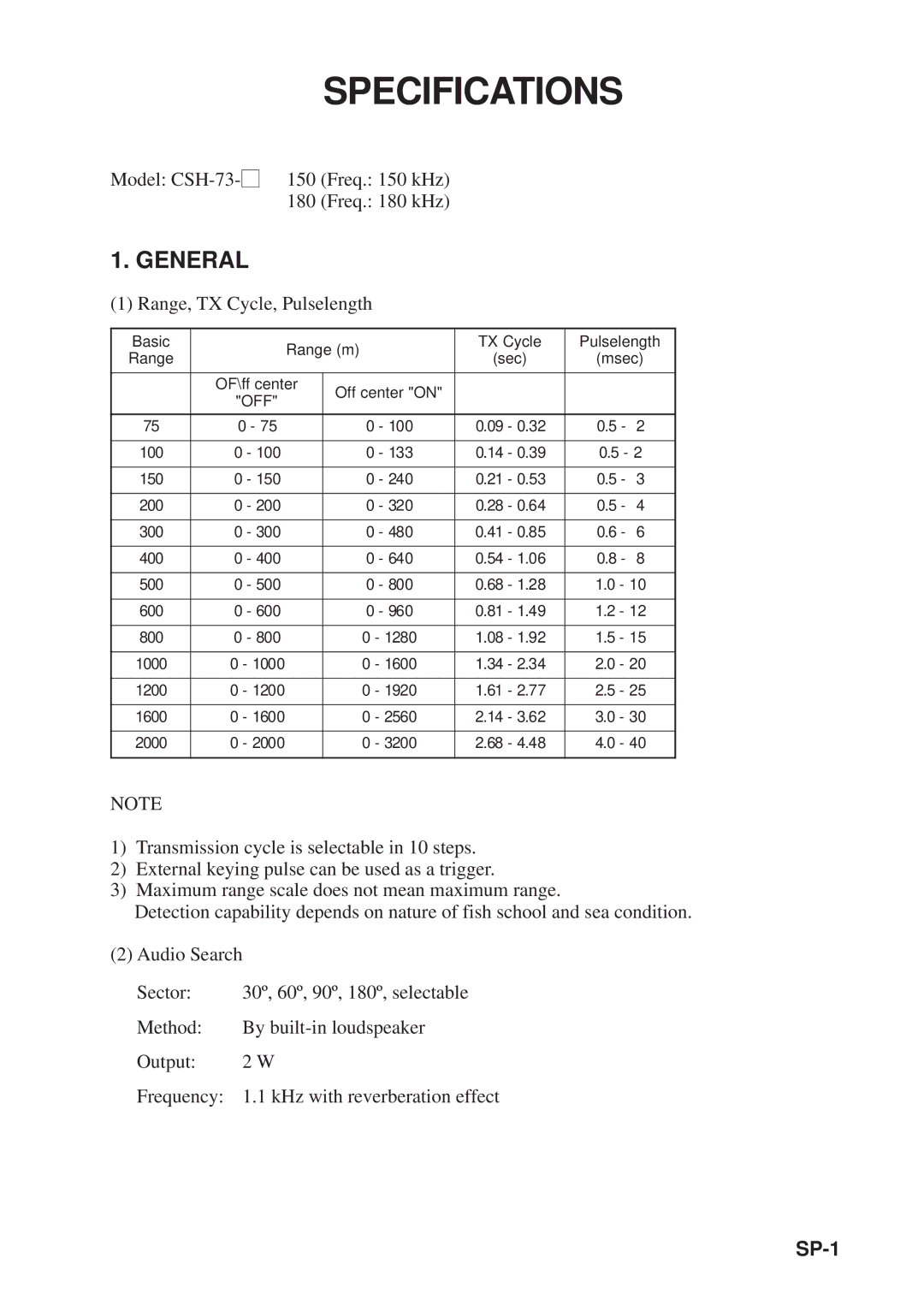 Furuno MODEL CSH-73 manual Specifications, SP-1 