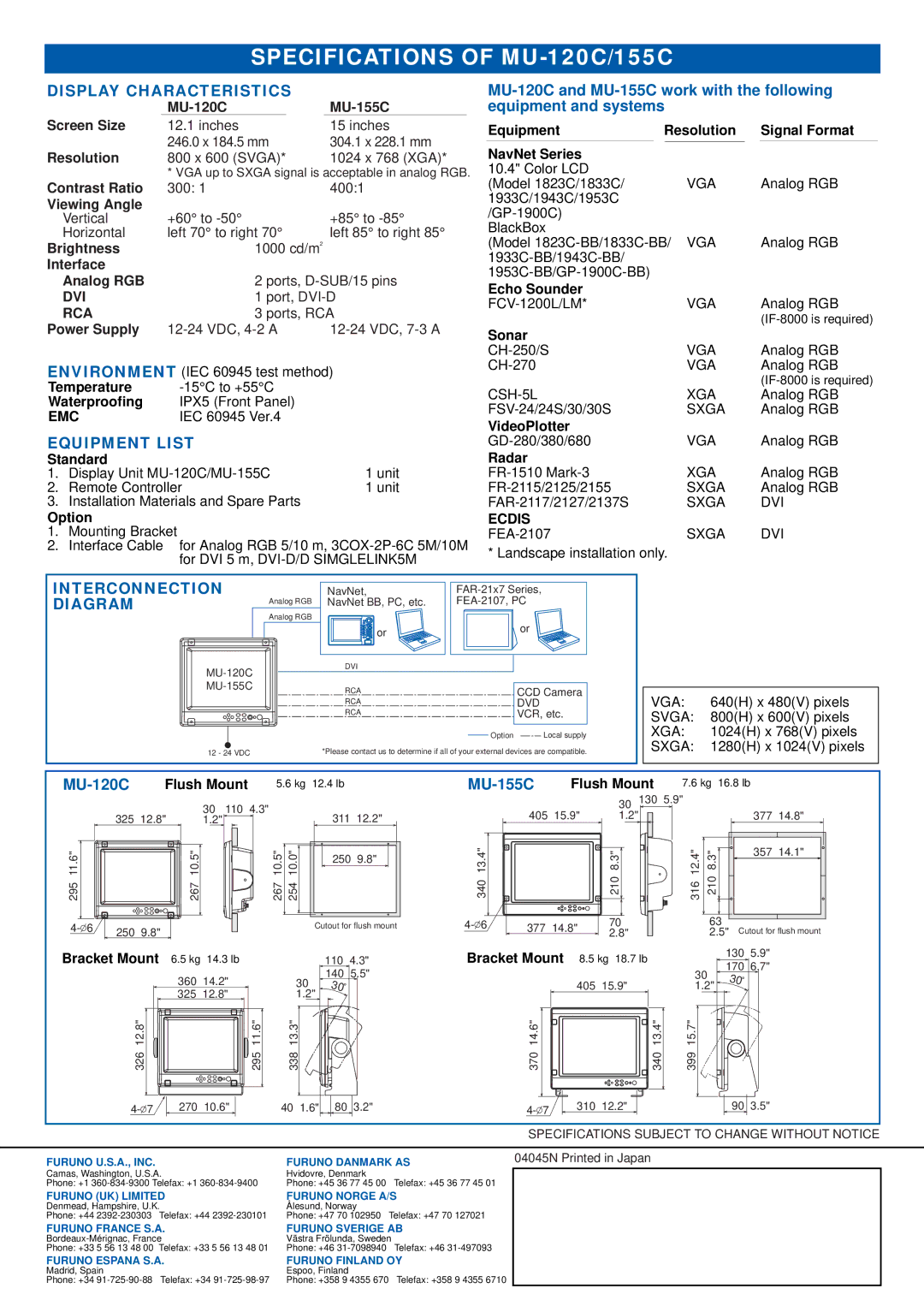 Furuno Mu 120c manual Display Characteristics, Equipment List, Interconnection, Diagram 