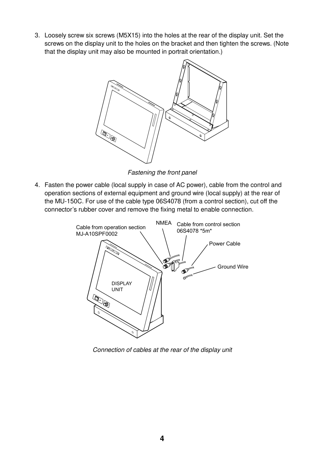 Furuno MU-150C manual Fastening the front panel, Connection of cables at the rear of the display unit 