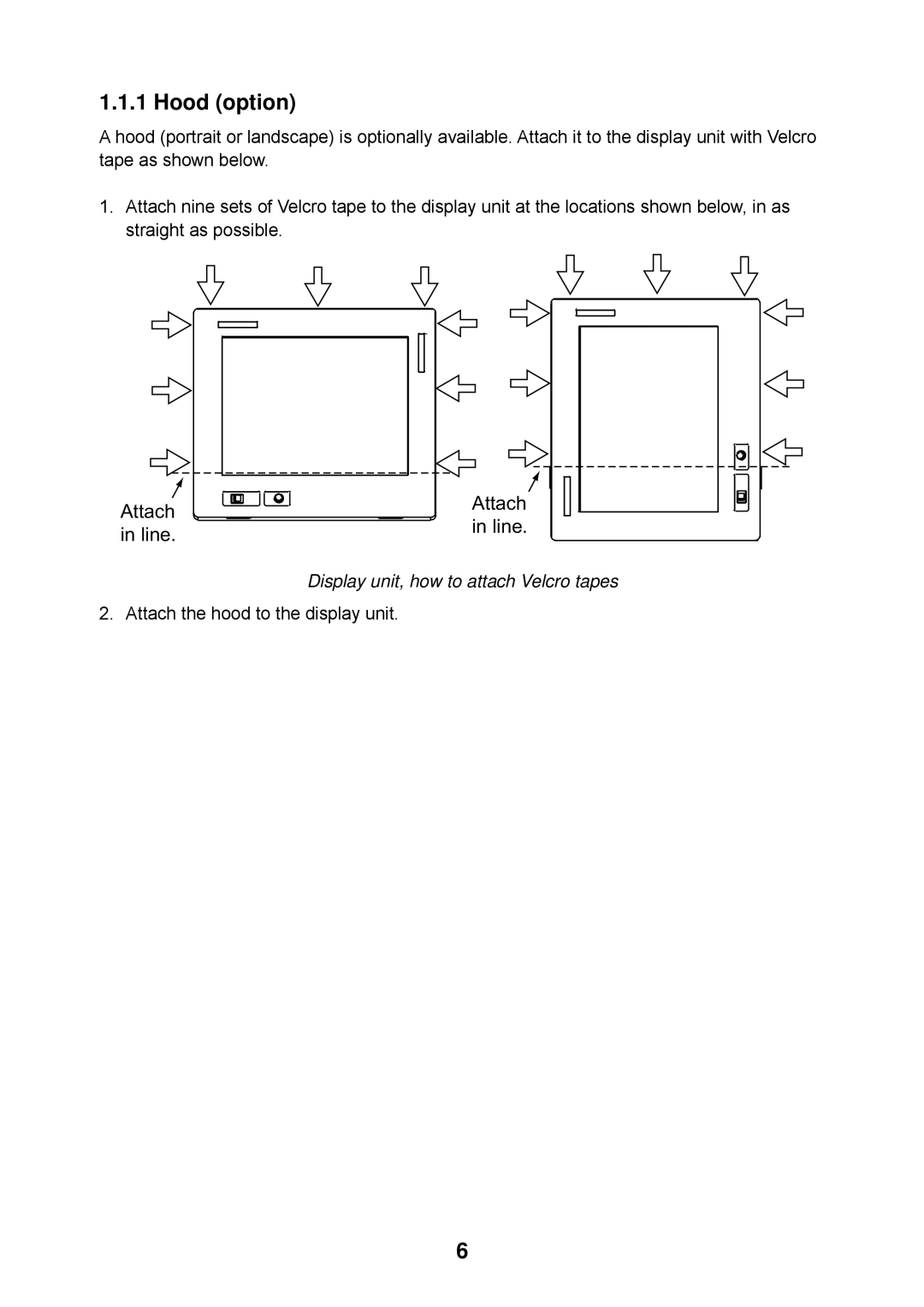 Furuno MU-150C manual Hood option, Display unit, how to attach Velcro tapes 