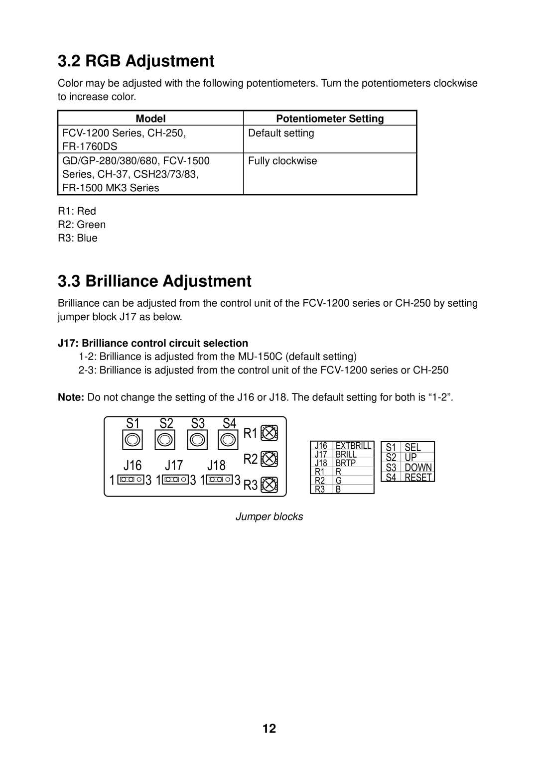 Furuno MU-150C manual RGB Adjustment, Brilliance Adjustment, Jumper blocks 