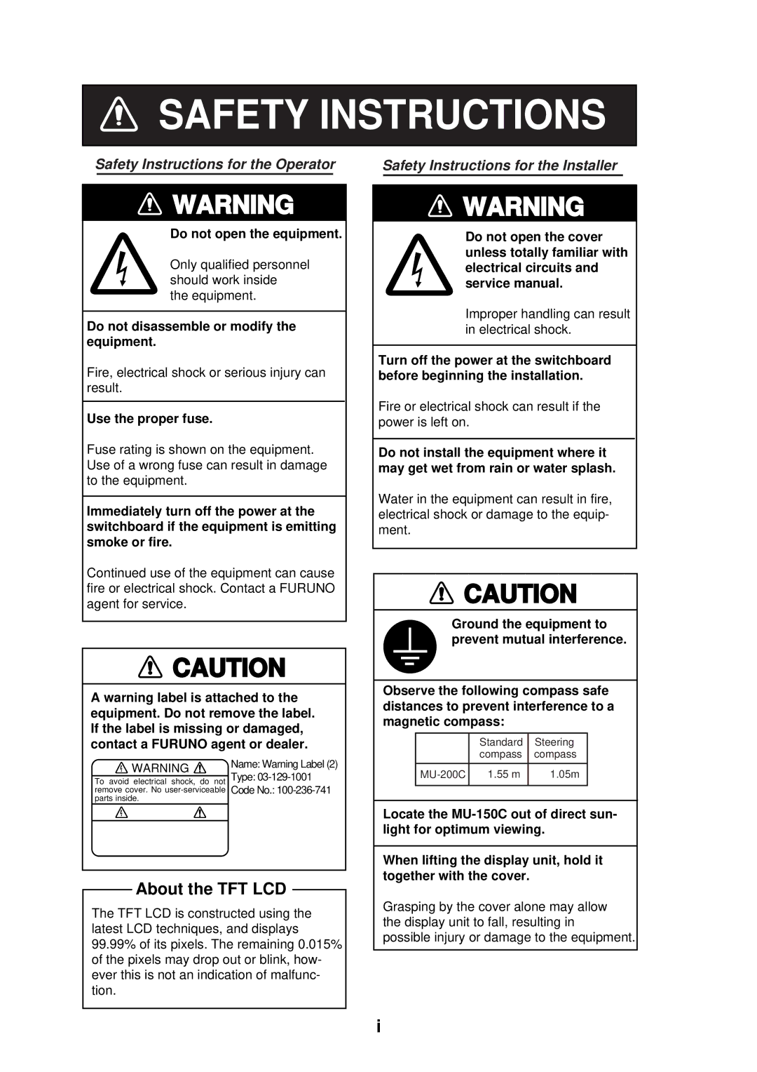 Furuno MU-150C manual Safety Instructions 