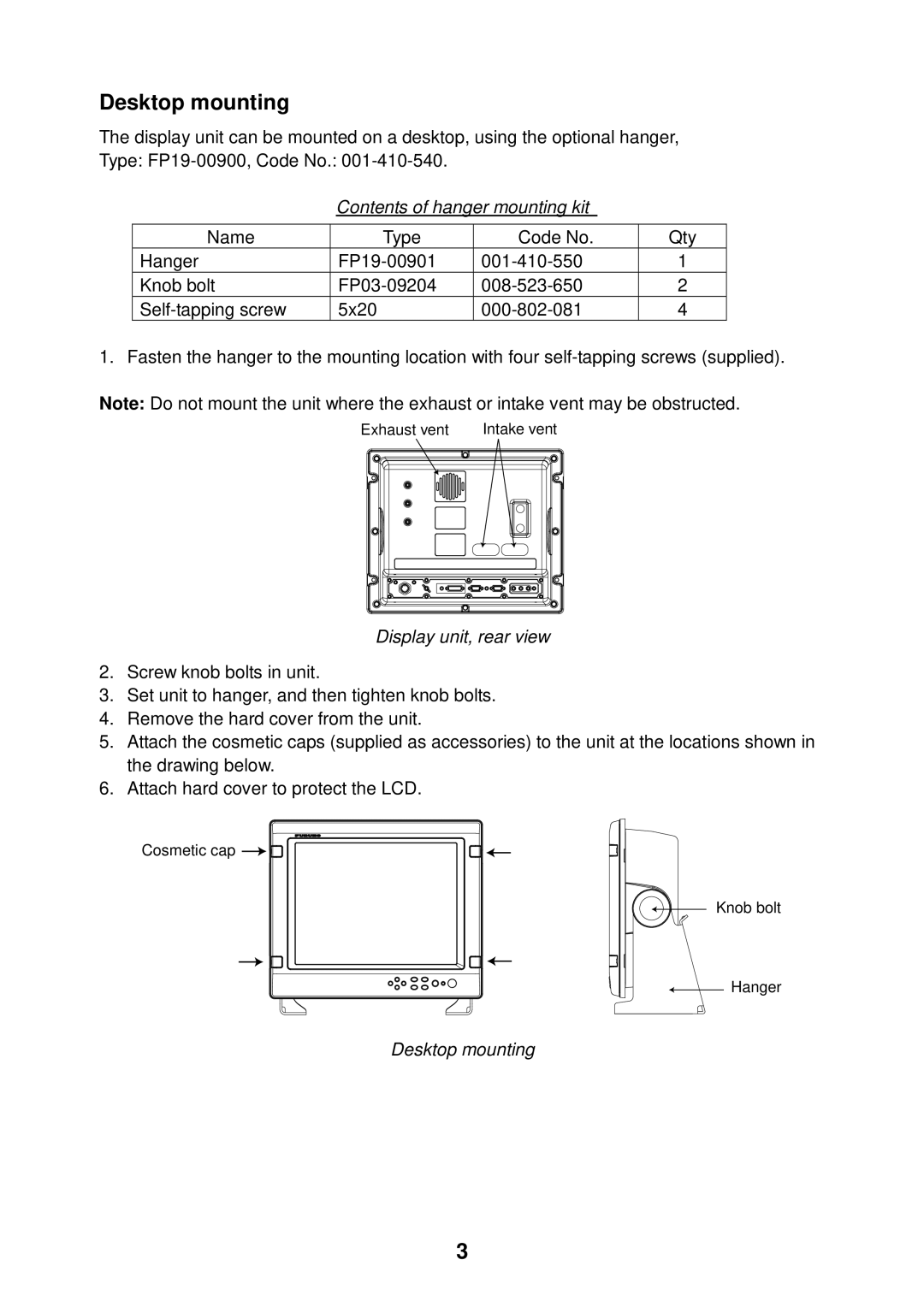 Furuno MU-155C manual Desktop mounting, Contents of hanger mounting kit, Display unit, rear view 