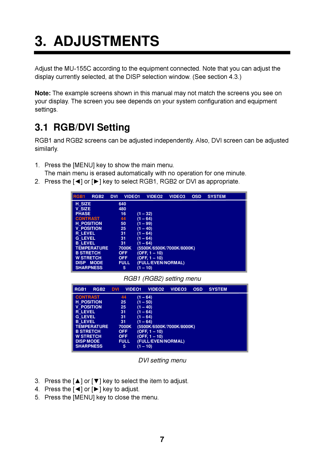 Furuno MU-155C manual Adjustments, RGB/DVI Setting, RGB1 RGB2 setting menu, DVI setting menu 