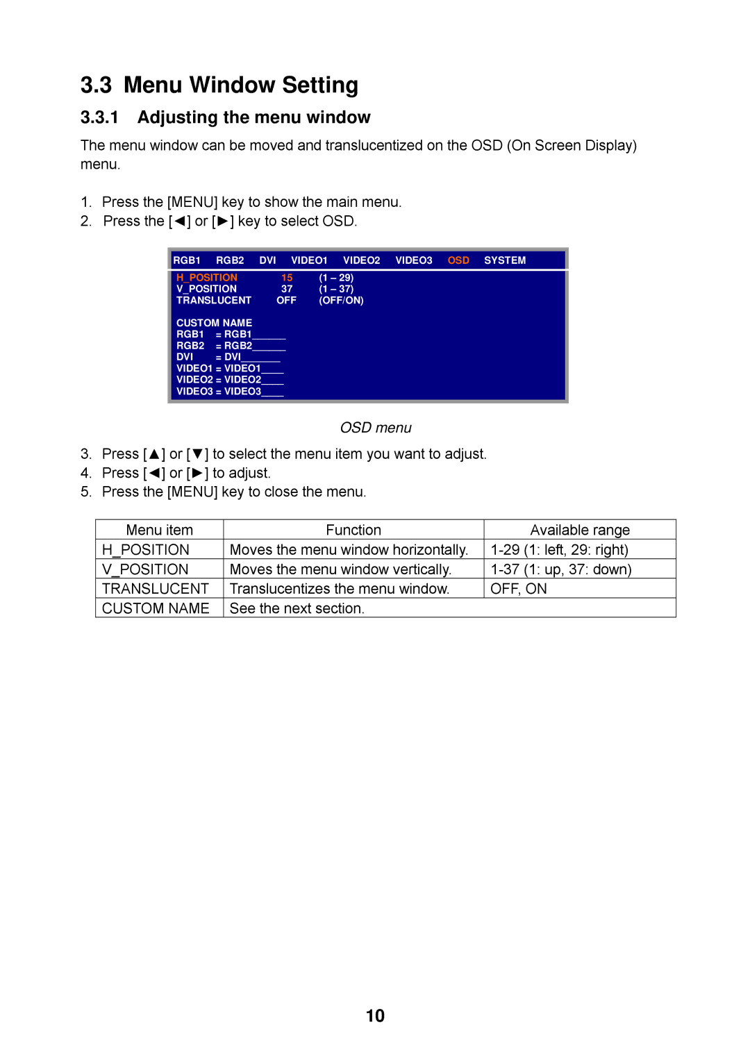 Furuno MU-155C manual Menu Window Setting, Adjusting the menu window, OSD menu 