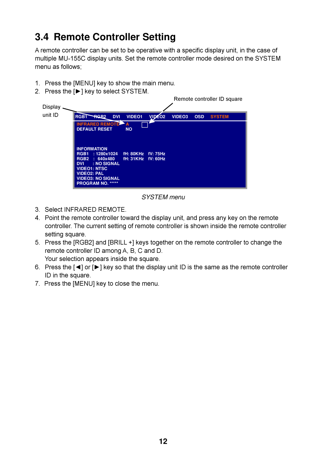 Furuno MU-155C manual Remote Controller Setting, System menu 