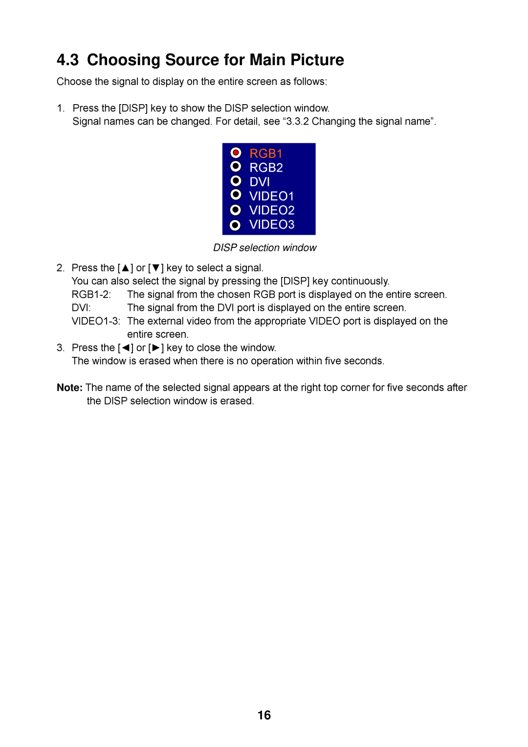 Furuno MU-155C manual Choosing Source for Main Picture, Disp selection window 