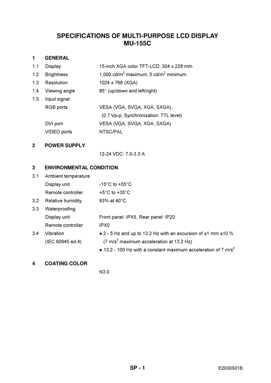 Furuno MU-155C manual Specifications of MULTI-PURPOSE LCD Display 