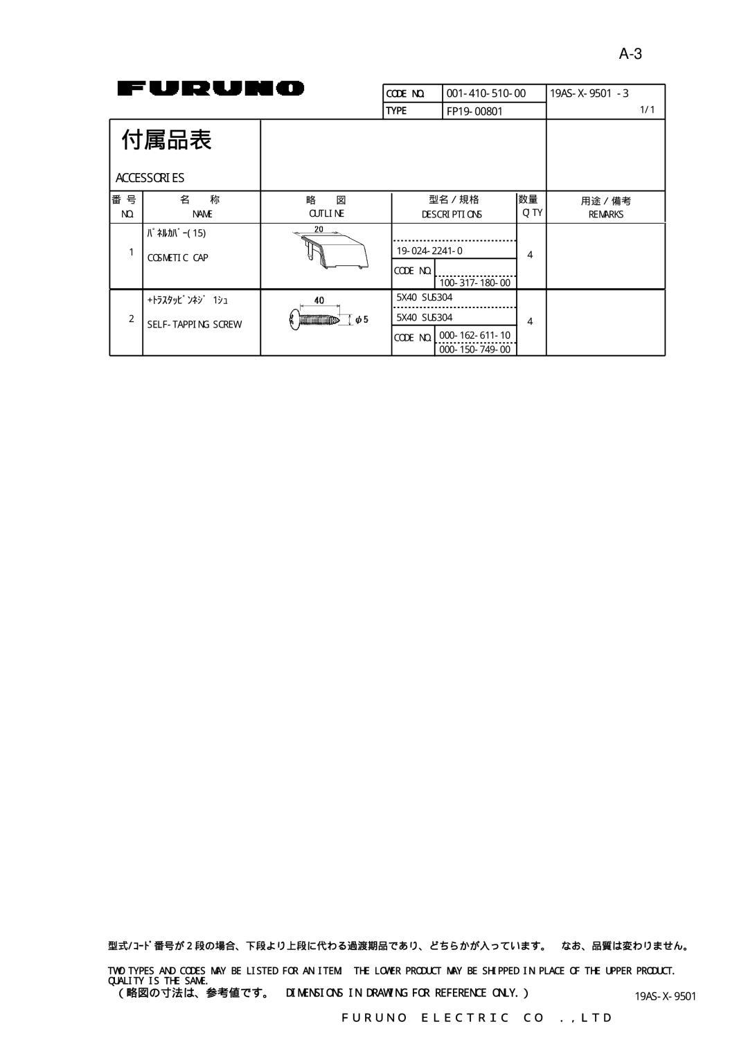 Furuno MU-155C manual 付属品表 