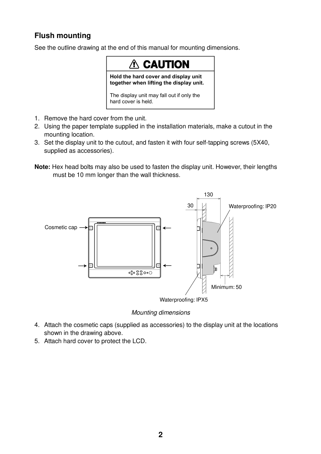 Furuno MU-155C manual Flush mounting, Mounting dimensions 