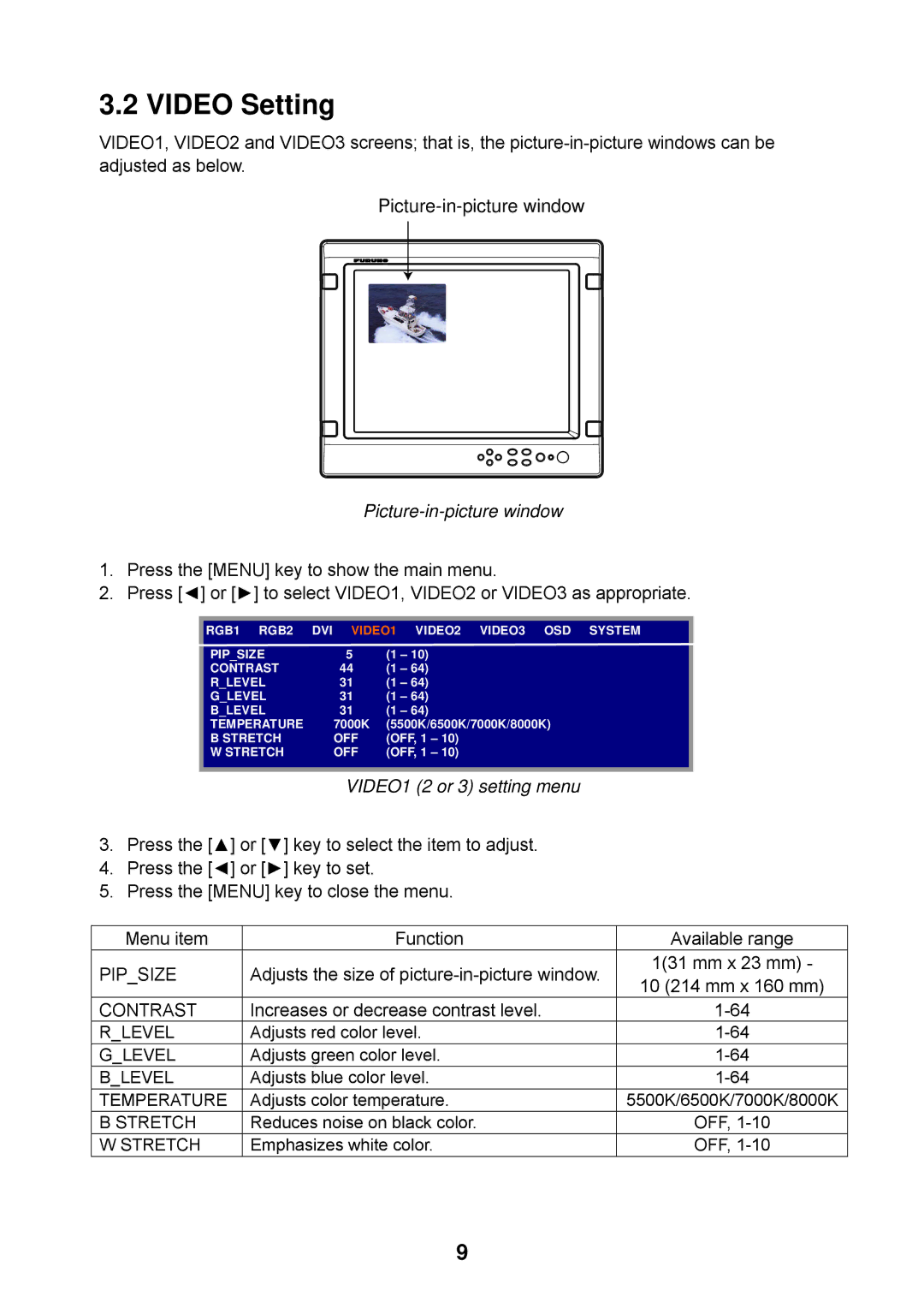 Furuno MU-155C manual Video Setting, Picture-in-picture window, VIDEO1 2 or 3 setting menu 