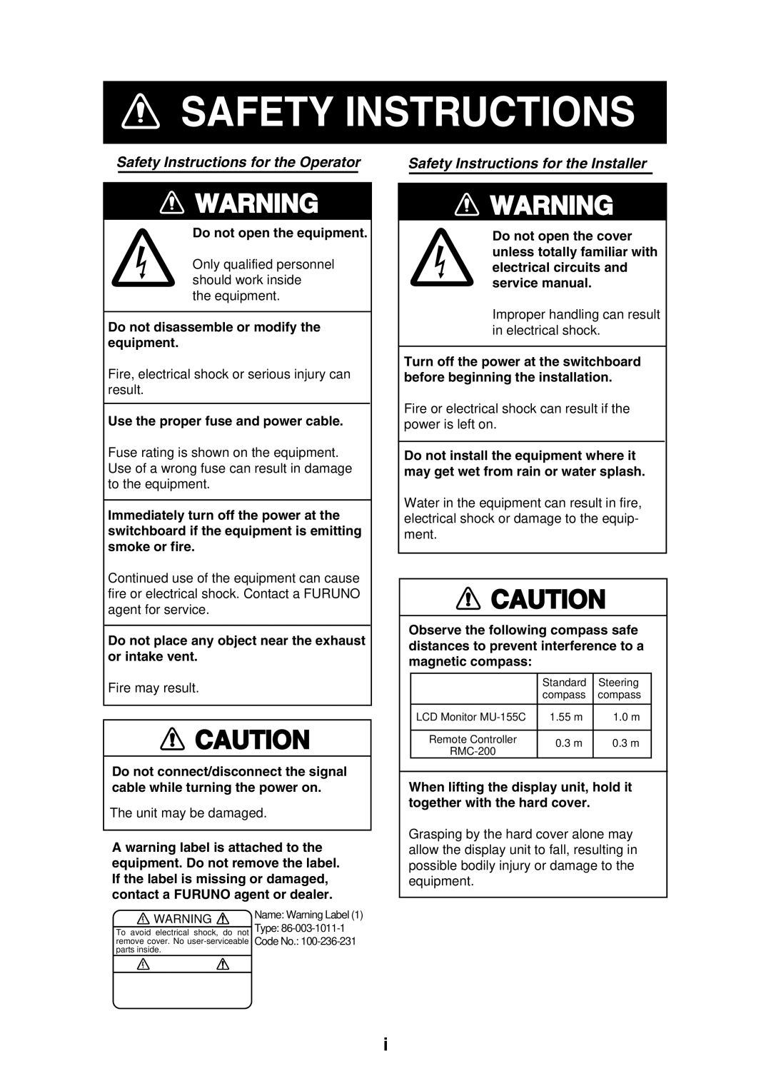 Furuno MU-155C manual Safety Instructions 