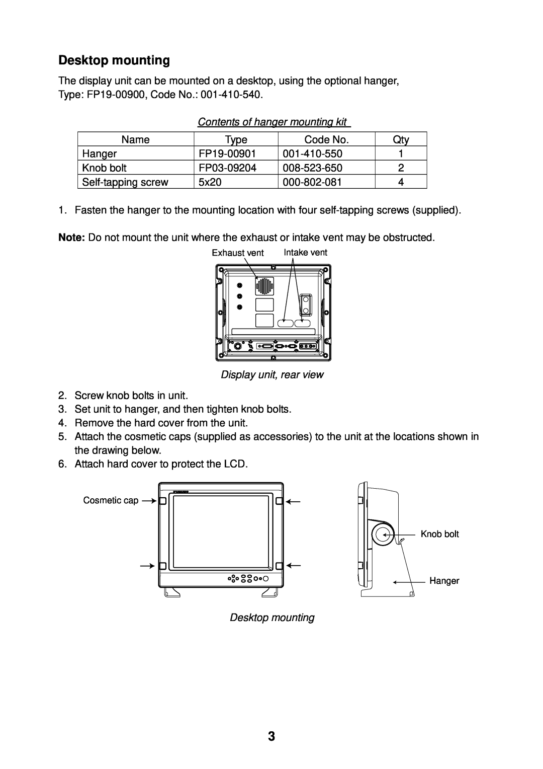 Furuno MU-155C manual Desktop mounting, Contents of hanger mounting kit, Display unit, rear view 