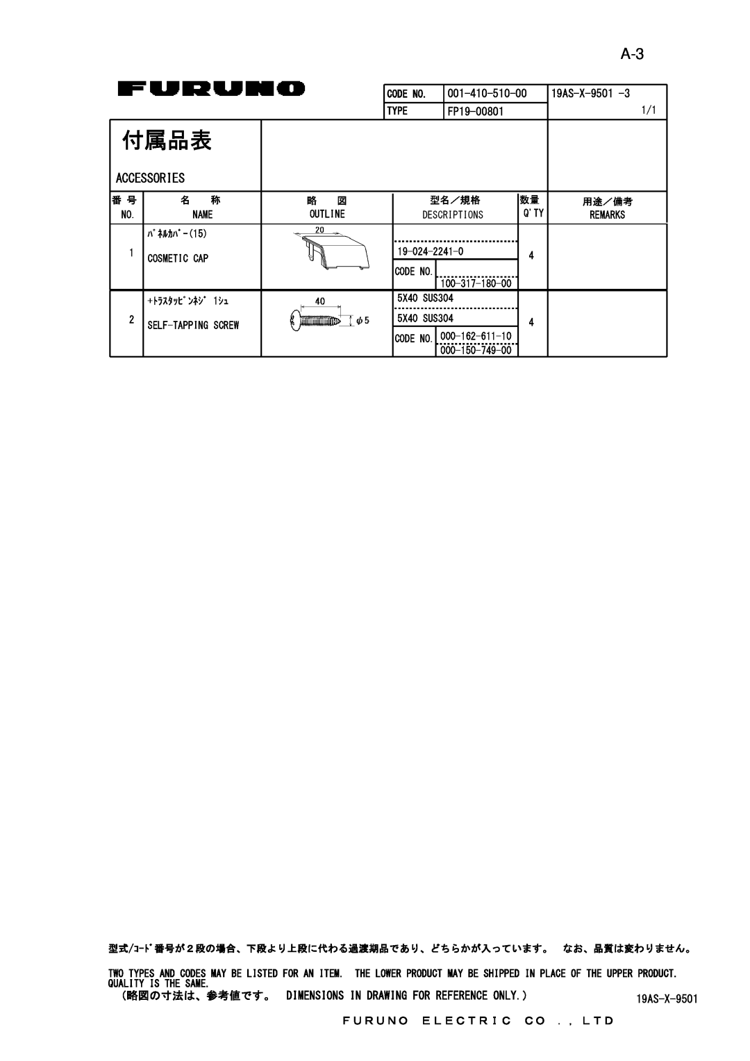 Furuno MU-155C manual 付属品表, Accessories, 001-410-510-00, 19AS-X-9501, FP19-00801, Ｆｕｒｕｎｏ, Ｅｌｅｃｔｒｉｃ, Ｃｏ ．，Ｌｔｄ, Type 