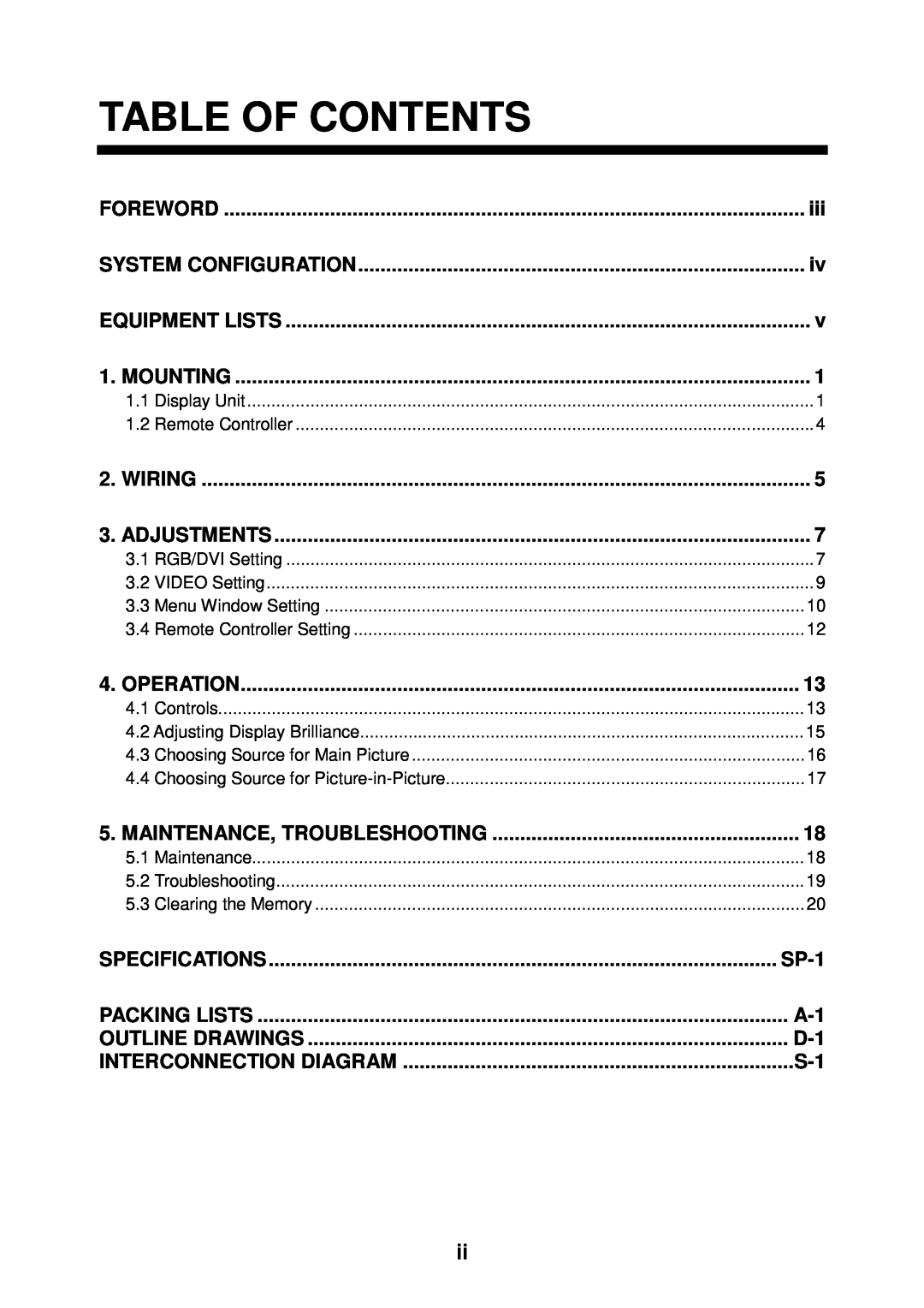 Furuno MU-155C manual Table Of Contents, SP-1 