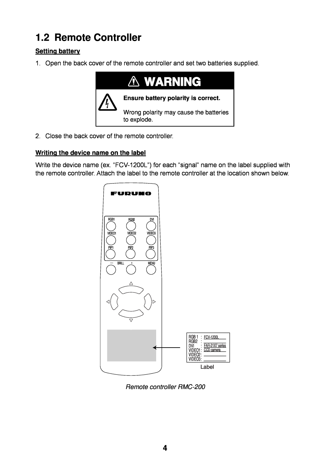 Furuno MU-170C manual Remote Controller, Setting battery, Writing the device name on the label 