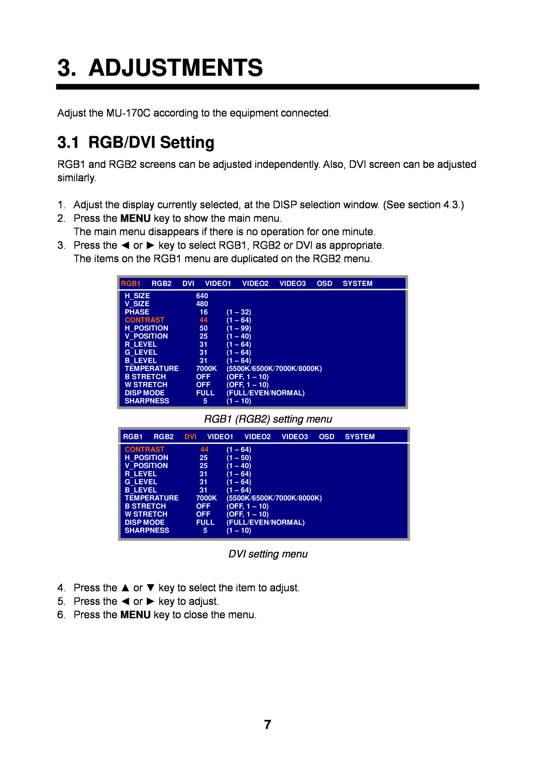 Furuno MU-170C manual Adjustments, 3.1 RGB/DVI Setting 