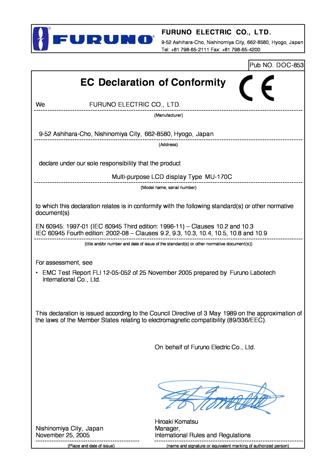 Furuno MU-170C manual EC Declaration of Conformity 