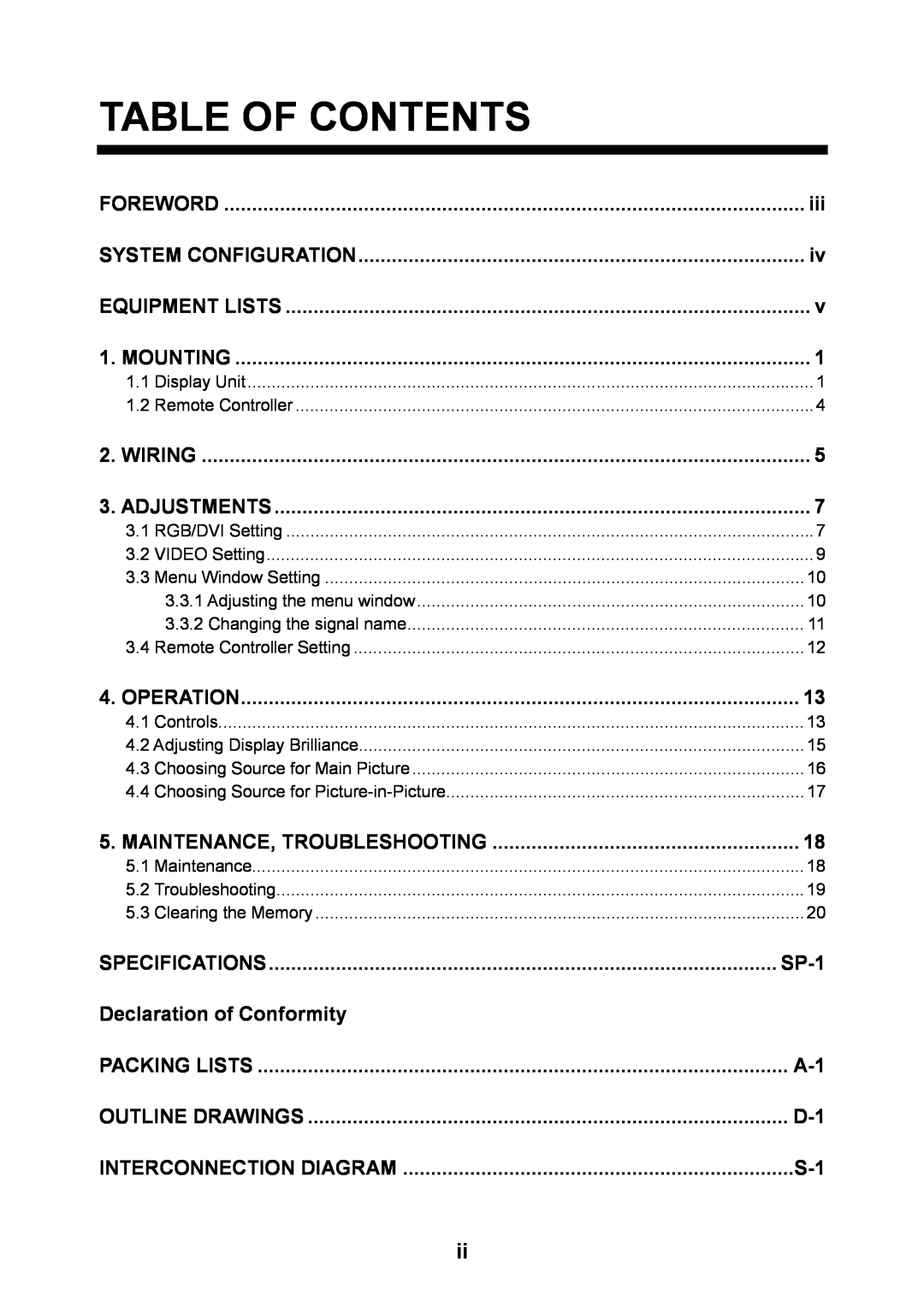 Furuno MU-170C manual Table Of Contents, SP-1, Declaration of Conformity 