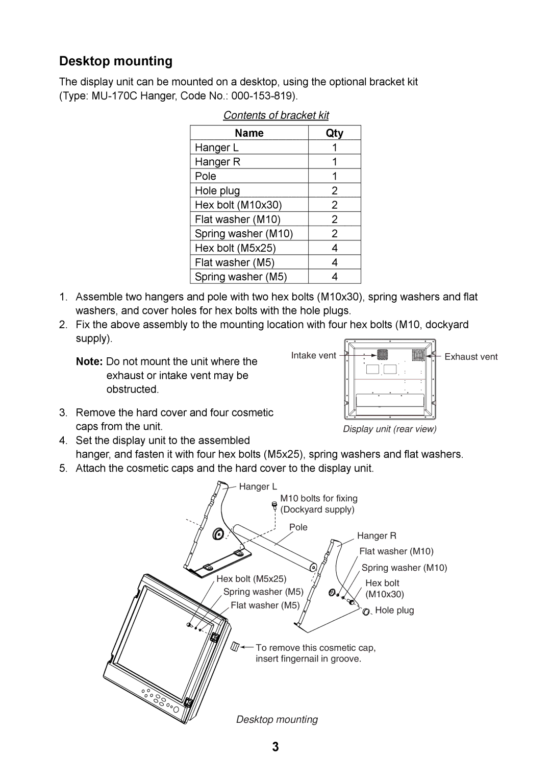 Furuno MU-17OC manual Desktop mounting, Contents of bracket kit, Name Qty 