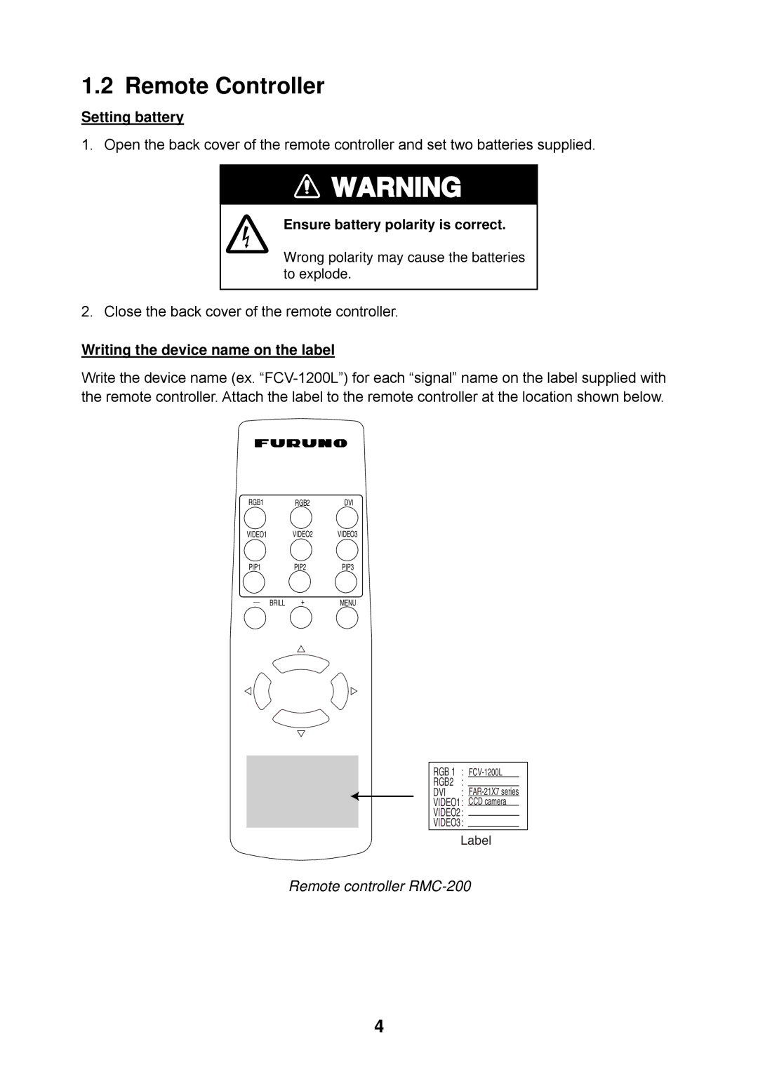 Furuno MU-17OC manual Remote Controller, Setting battery, Writing the device name on the label, Remote controller RMC-200 