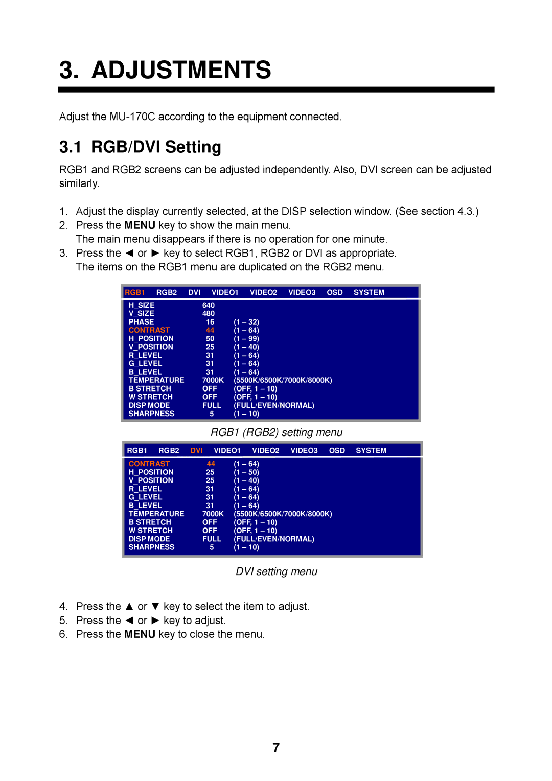 Furuno MU-17OC manual Adjustments, RGB/DVI Setting, RGB1 RGB2 setting menu, DVI setting menu 