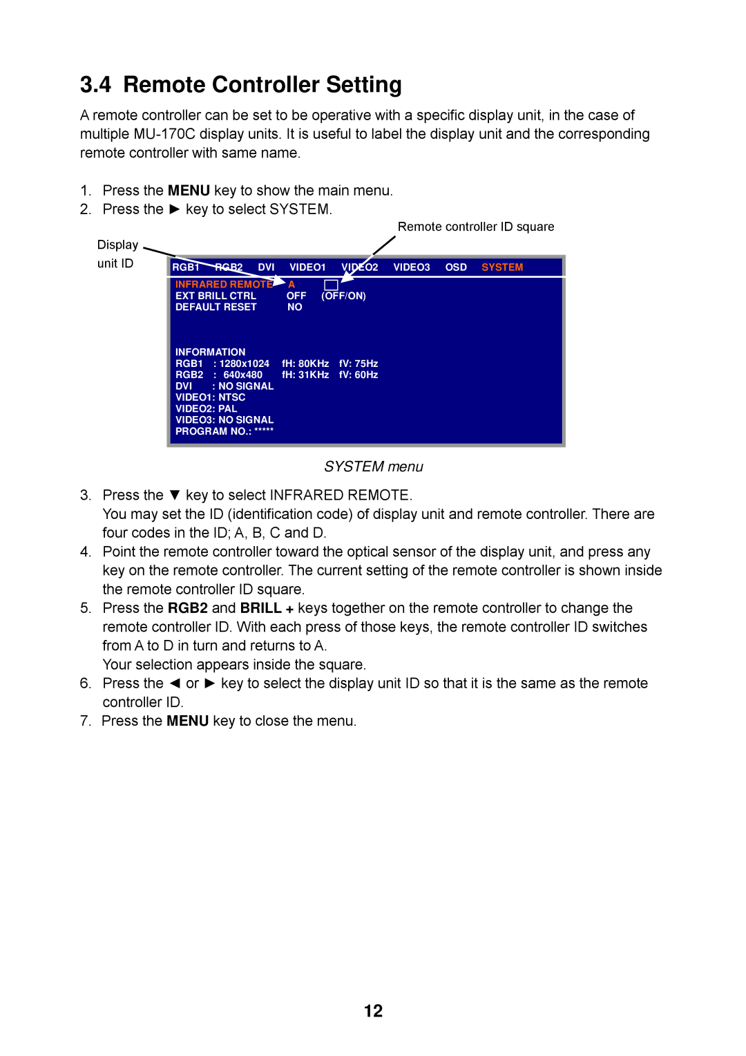 Furuno MU-17OC manual Remote Controller Setting, System menu 