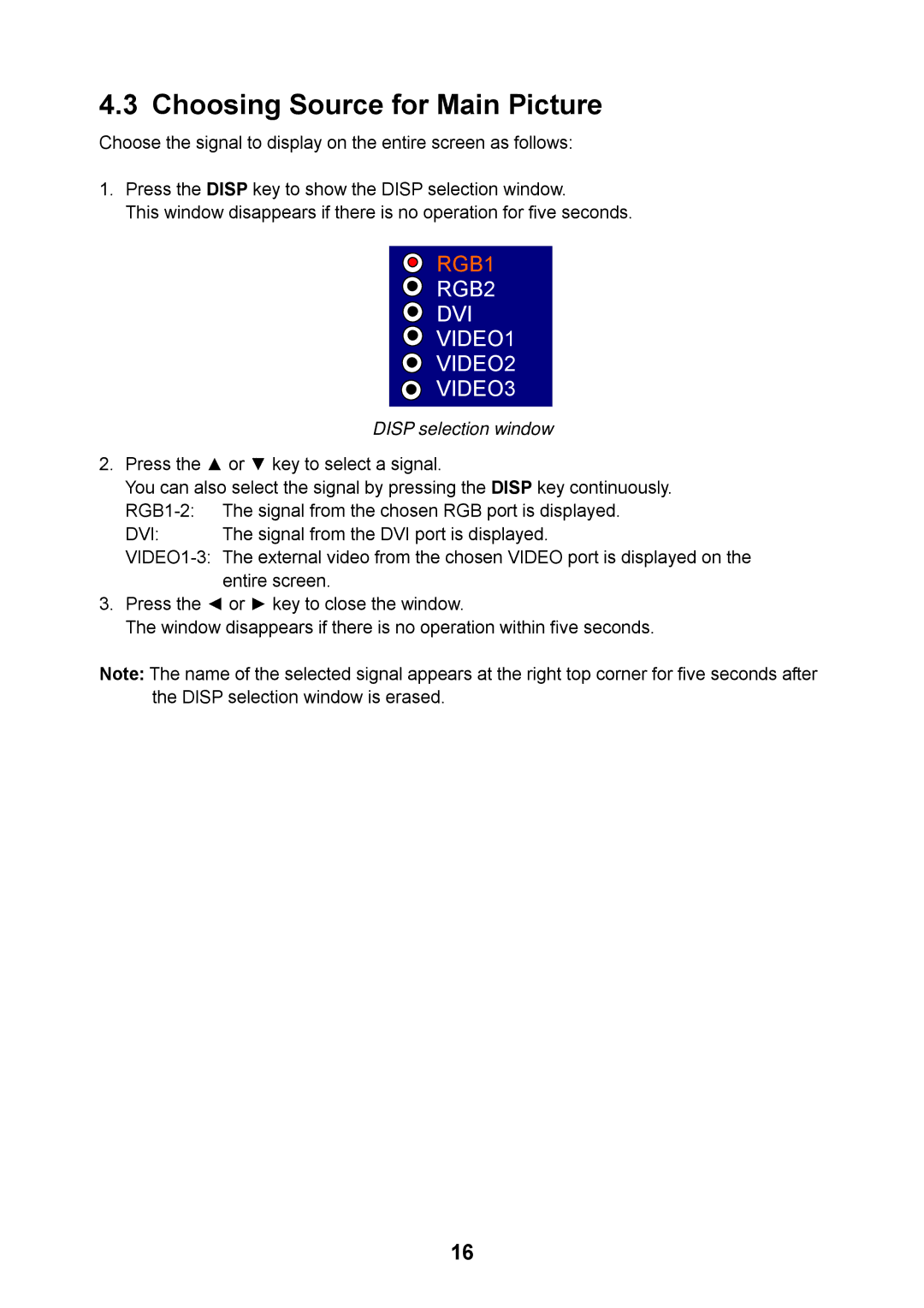 Furuno MU-17OC manual Choosing Source for Main Picture, Disp selection window 