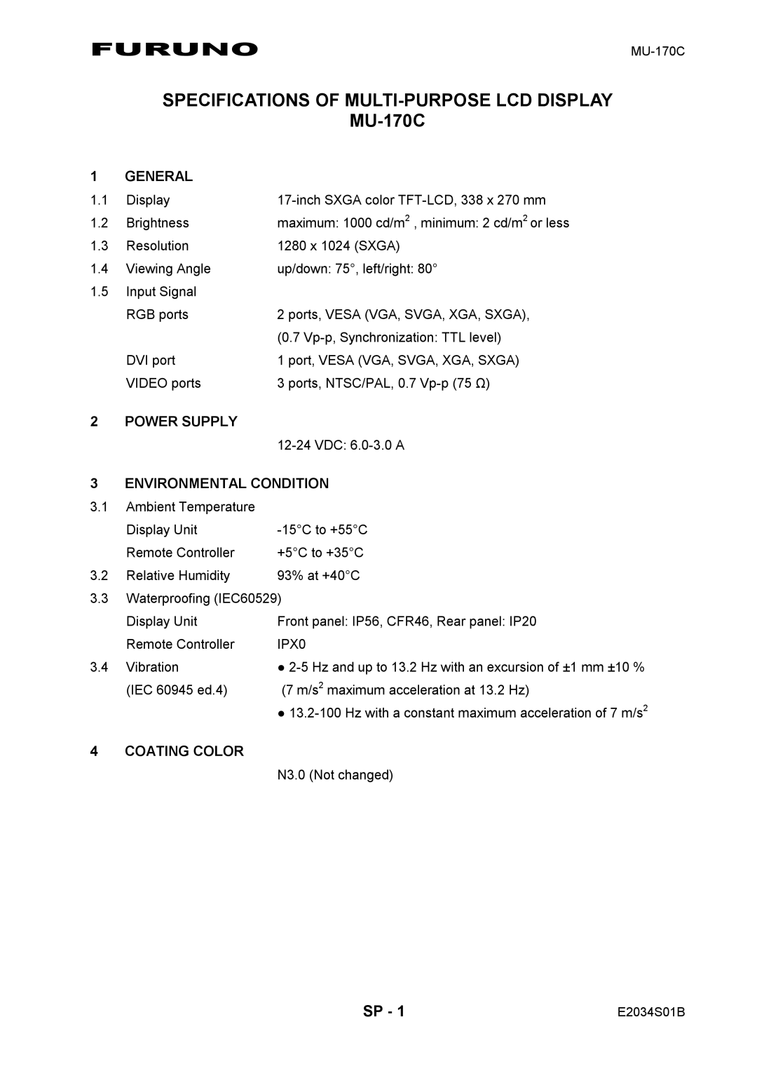 Furuno MU-17OC manual Specifications of MULTI-PURPOSE LCD Display, MU-170C 