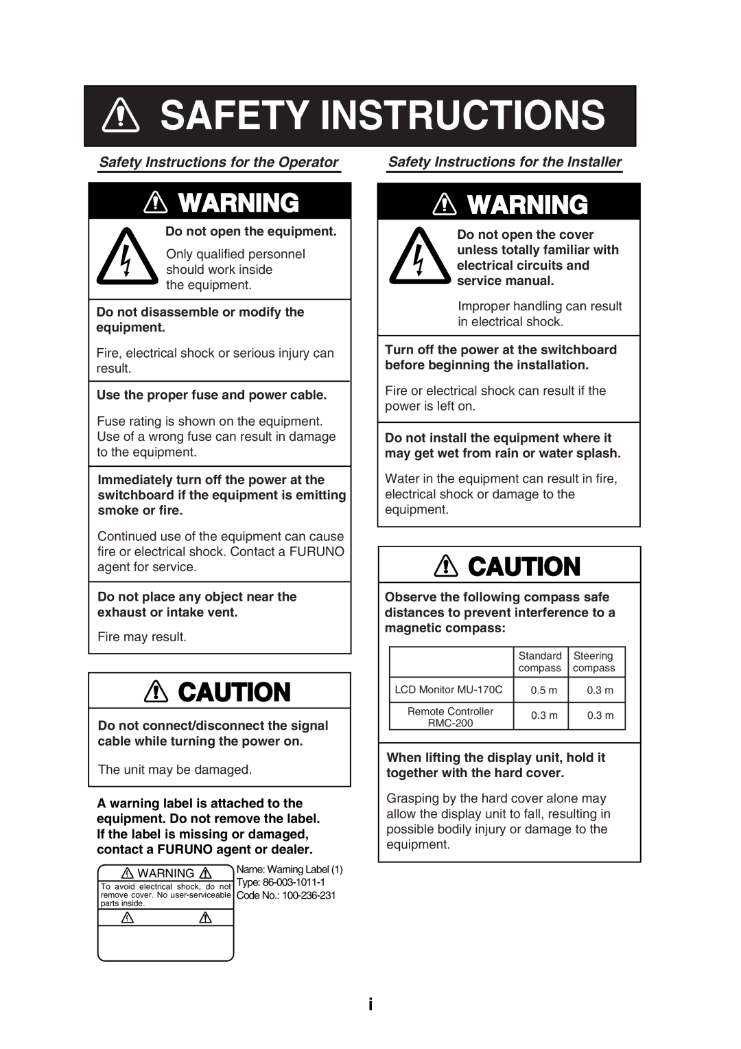 Furuno MU-17OC manual Safety Instructions 