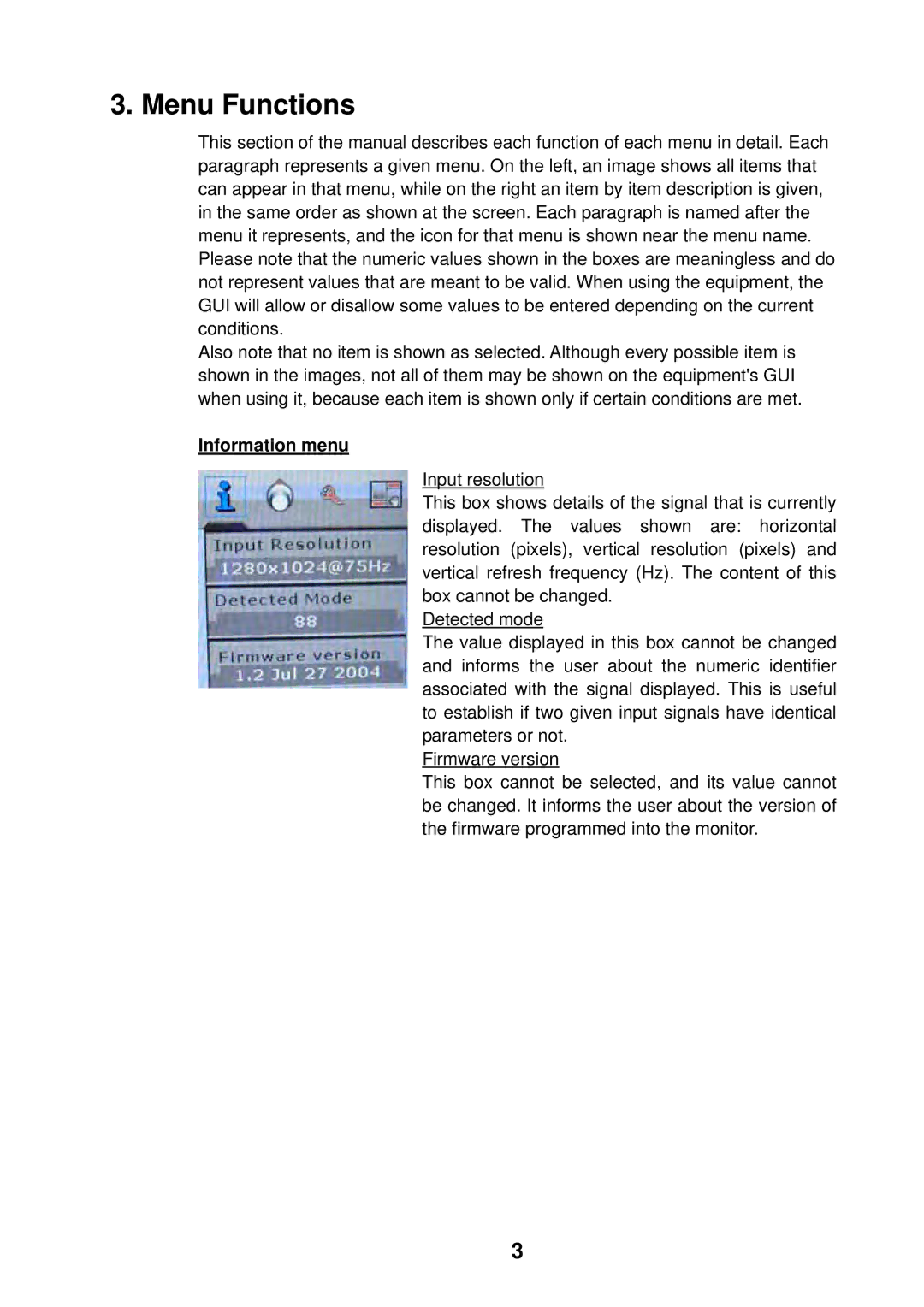 Furuno MU-231CE, MU-201CE installation manual Menu Functions, Information menu 