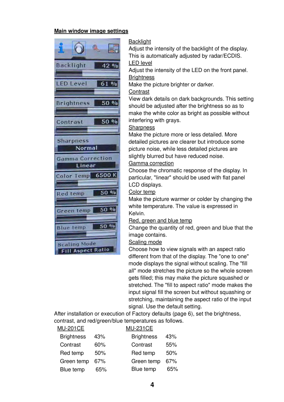 Furuno MU-201CE, MU-231CE installation manual Main window image settings 