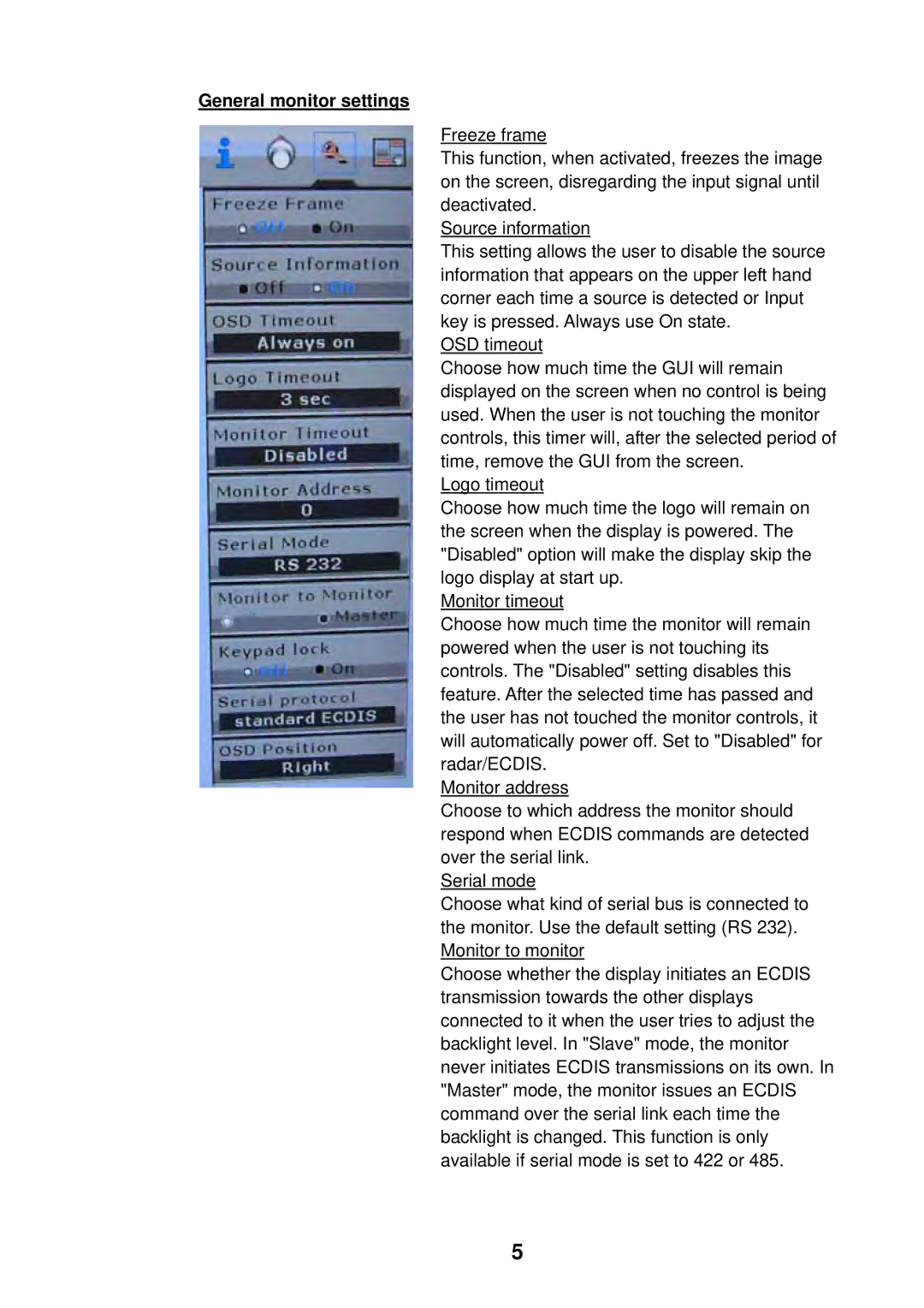 Furuno MU-231CE, MU-201CE installation manual General monitor settings 