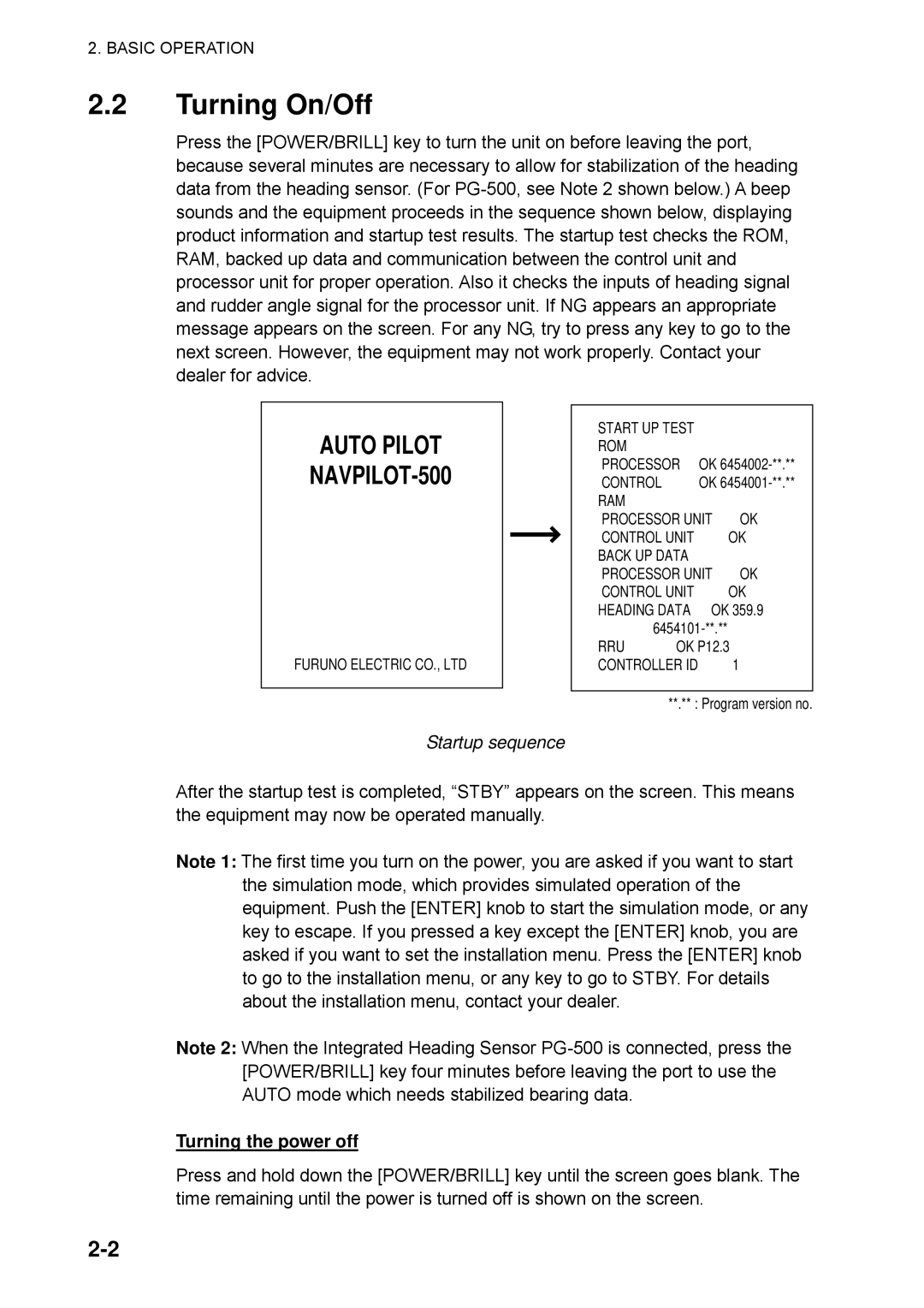 Furuno NAVpilot-500 manual Turning On/Off, Startup sequence, Turning the power off 