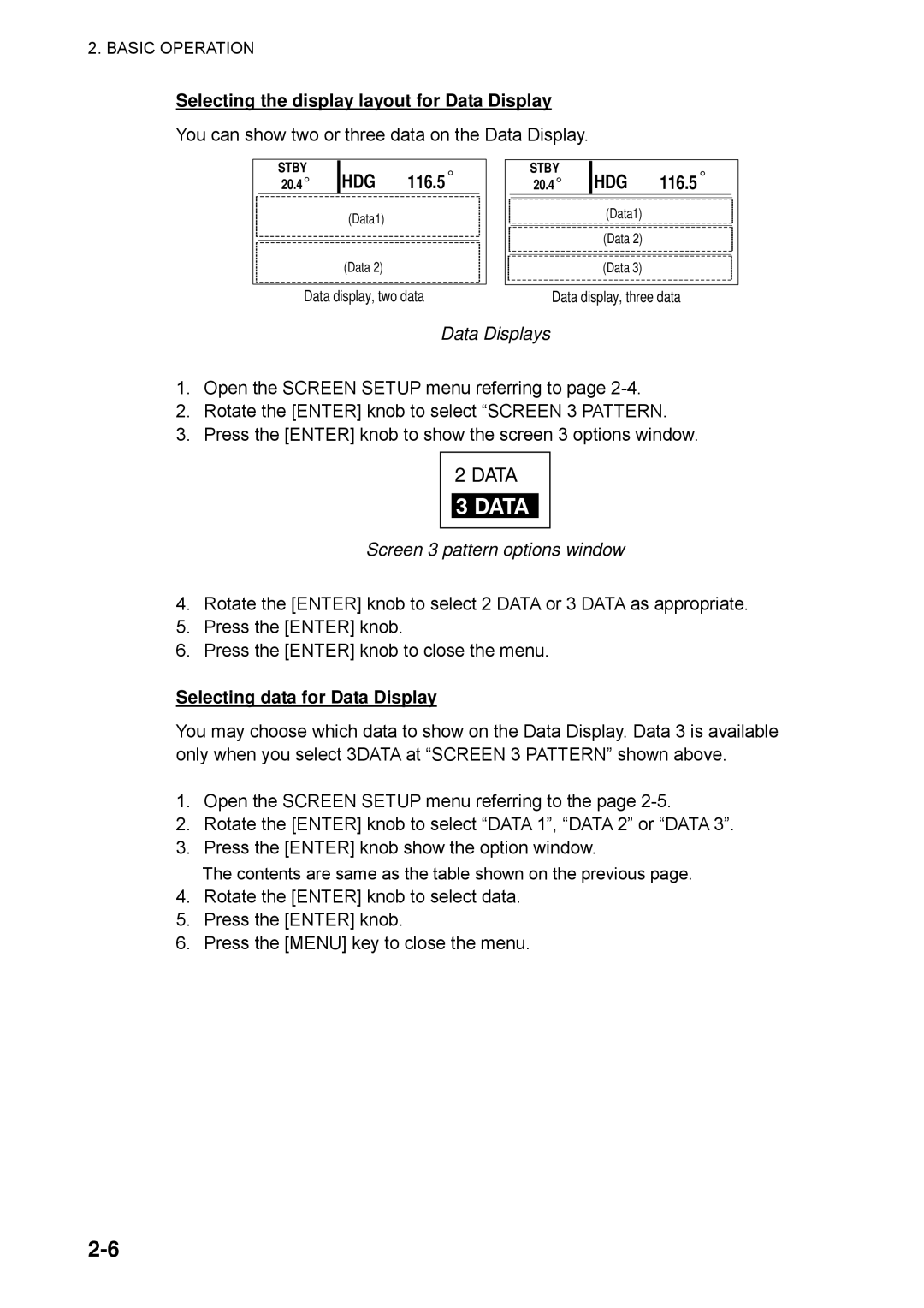 Furuno NAVpilot-500 manual Selecting the display layout for Data Display, Data Displays, Screen 3 pattern options window 